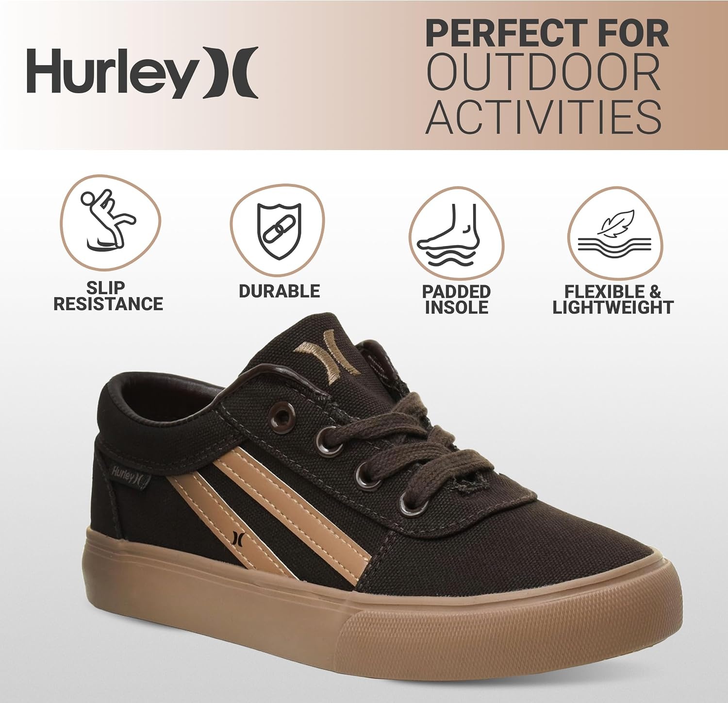 Hurley Boardy Kids Lace Up Canvas Sneakers – Low Cut Skateboarding Shoes for Kids, Sports Shoes for Boys and Girls(Brown/Gum)