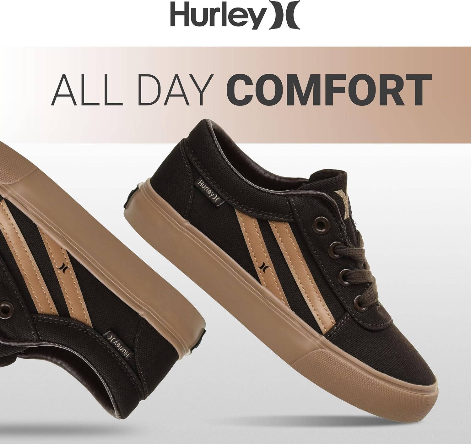 Hurley Boardy Kids Lace Up Canvas Sneakers – Low Cut Skateboarding Shoes for Kids, Sports Shoes for Boys and Girls(Brown/Gum)
