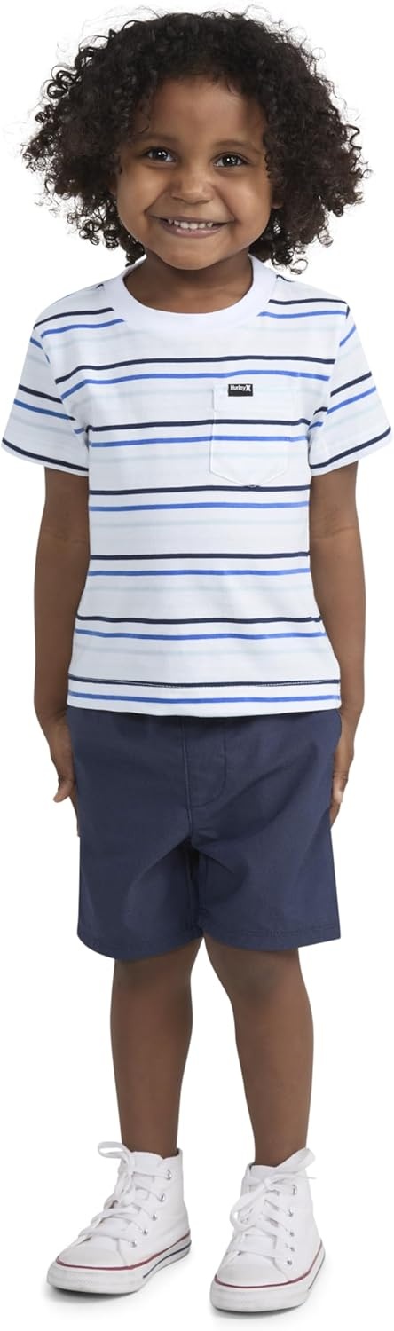 Hurley Baby and Toddler Boys’ Soft Basic Cloud Slub T-Shirt and Shorts 2-Piece Outfit Set(Midnight Blue/Stripe)