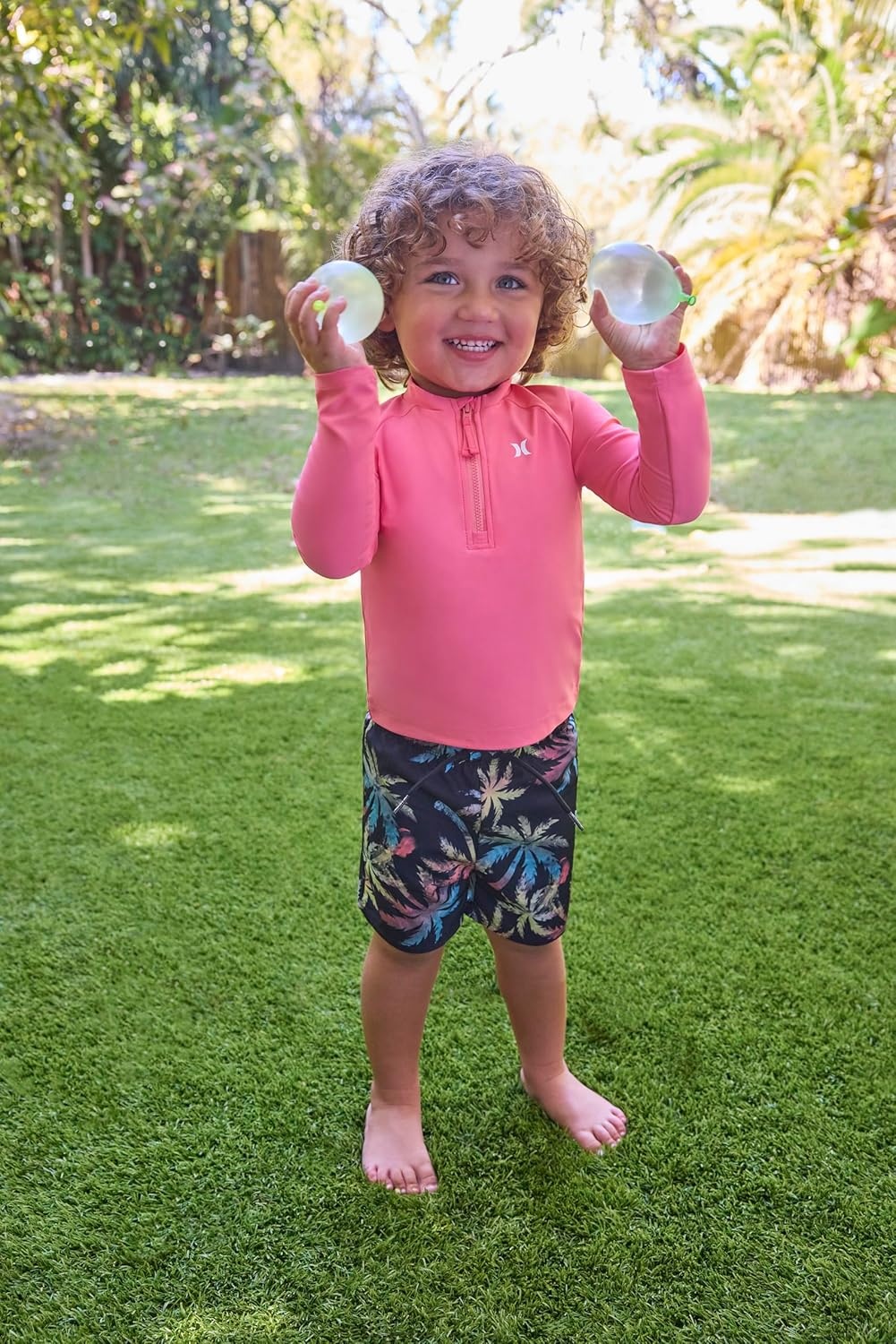 Hurley Unisex Kids Baby and Toddler Boys’ Long Sleeve Rash Guard Swim Suit 2-piece Outfit Set(Red/Multi Palms)