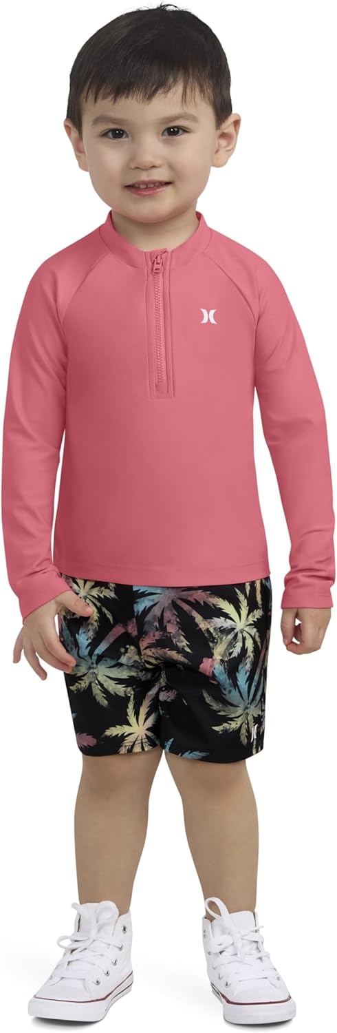 Hurley Unisex Kids Baby and Toddler Boys’ Long Sleeve Rash Guard Swim Suit 2-piece Outfit Set(Red/Multi Palms)