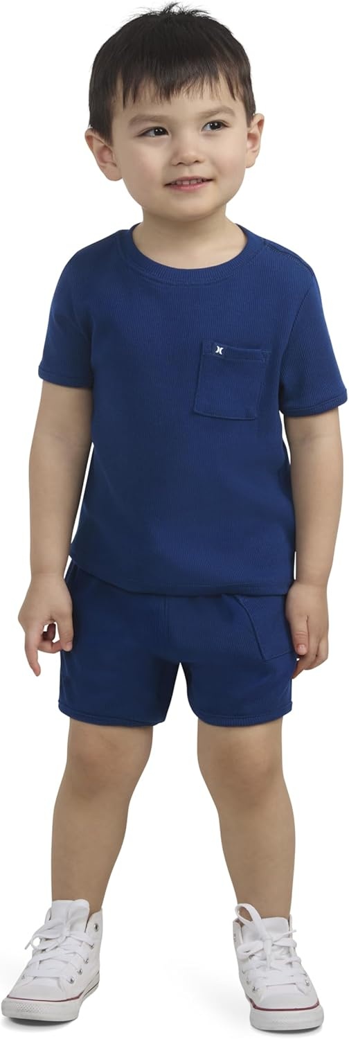 Hurley Baby Boys’ And Toddler Rib Knit T-shirt and Shorts 2-piece Outfit Set(Midnight Blue)