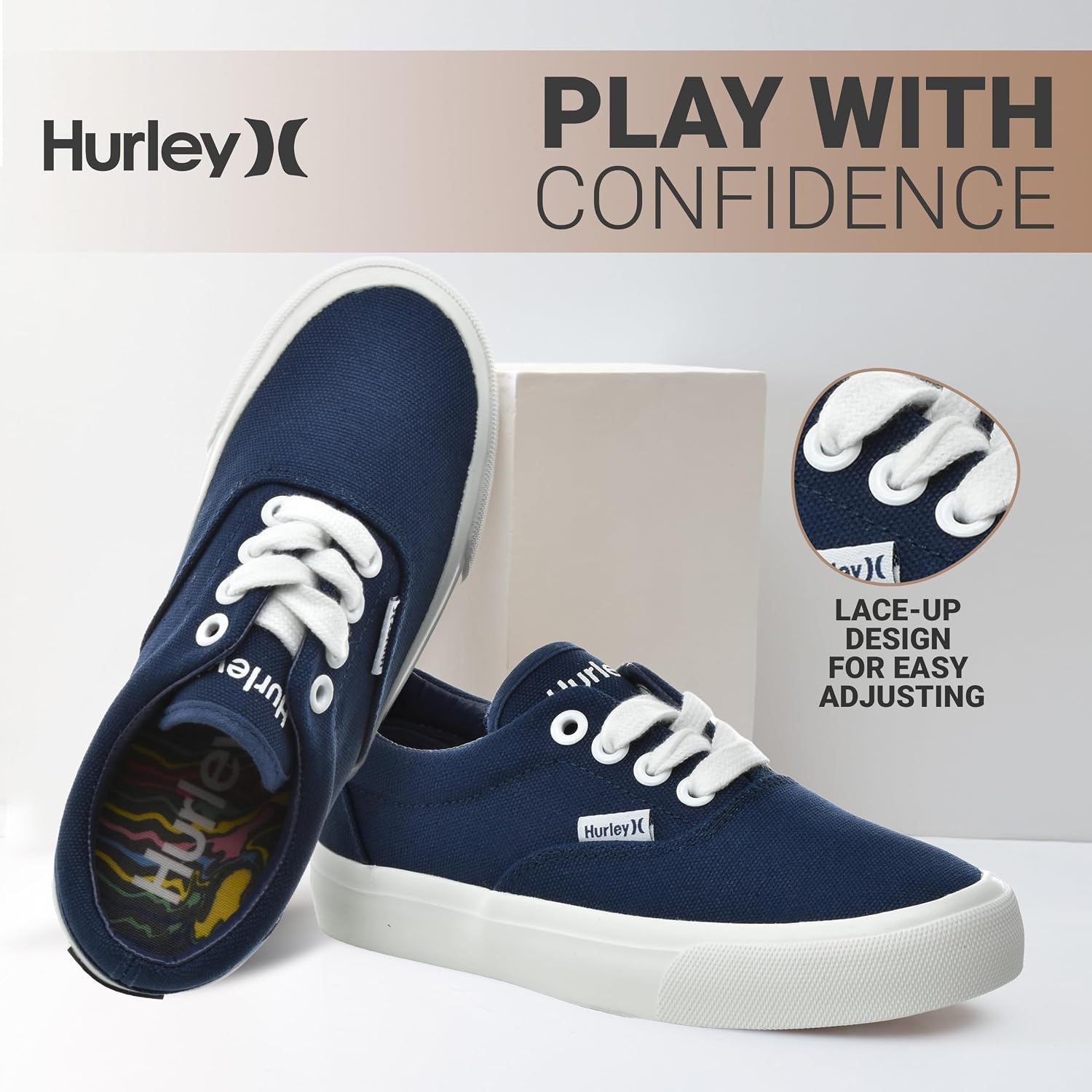 Hurley Marley Kids Lace Up Canvas Sneakers – Low Cut Skateboarding Shoes for Kids, Sports Shoes for Boys and Girls(Navy/White)