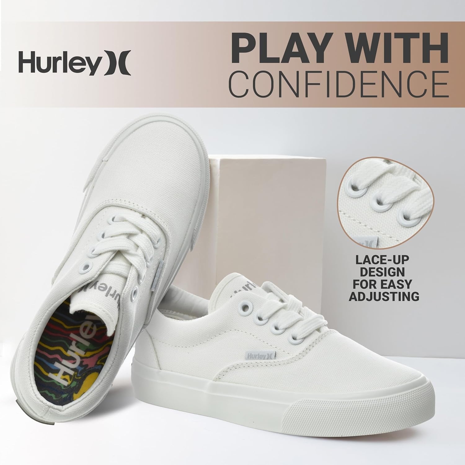 Hurley Marley Kids Lace Up Canvas Sneakers – Low Cut Skateboarding Shoes for Kids, Sports Shoes for Boys and Girls(White)
