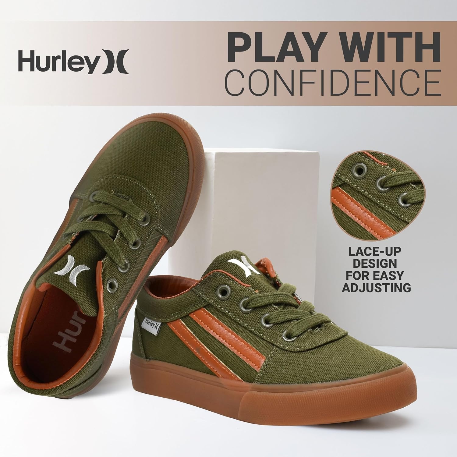 Hurley Boardy Kids Lace Up Canvas Sneakers – Low Cut Skateboarding Shoes for Kids, Sports Shoes for Boys and Girls(Khaki/Tan)