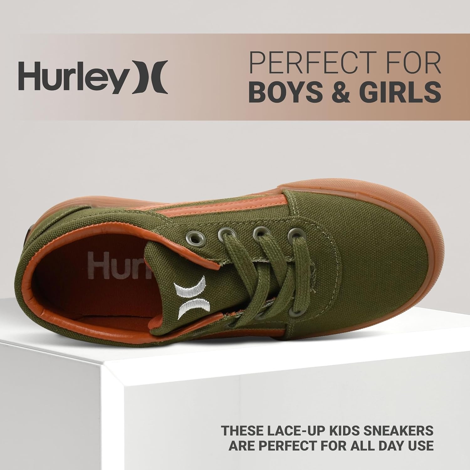 Hurley Boardy Kids Lace Up Canvas Sneakers – Low Cut Skateboarding Shoes for Kids, Sports Shoes for Boys and Girls(Khaki/Tan)