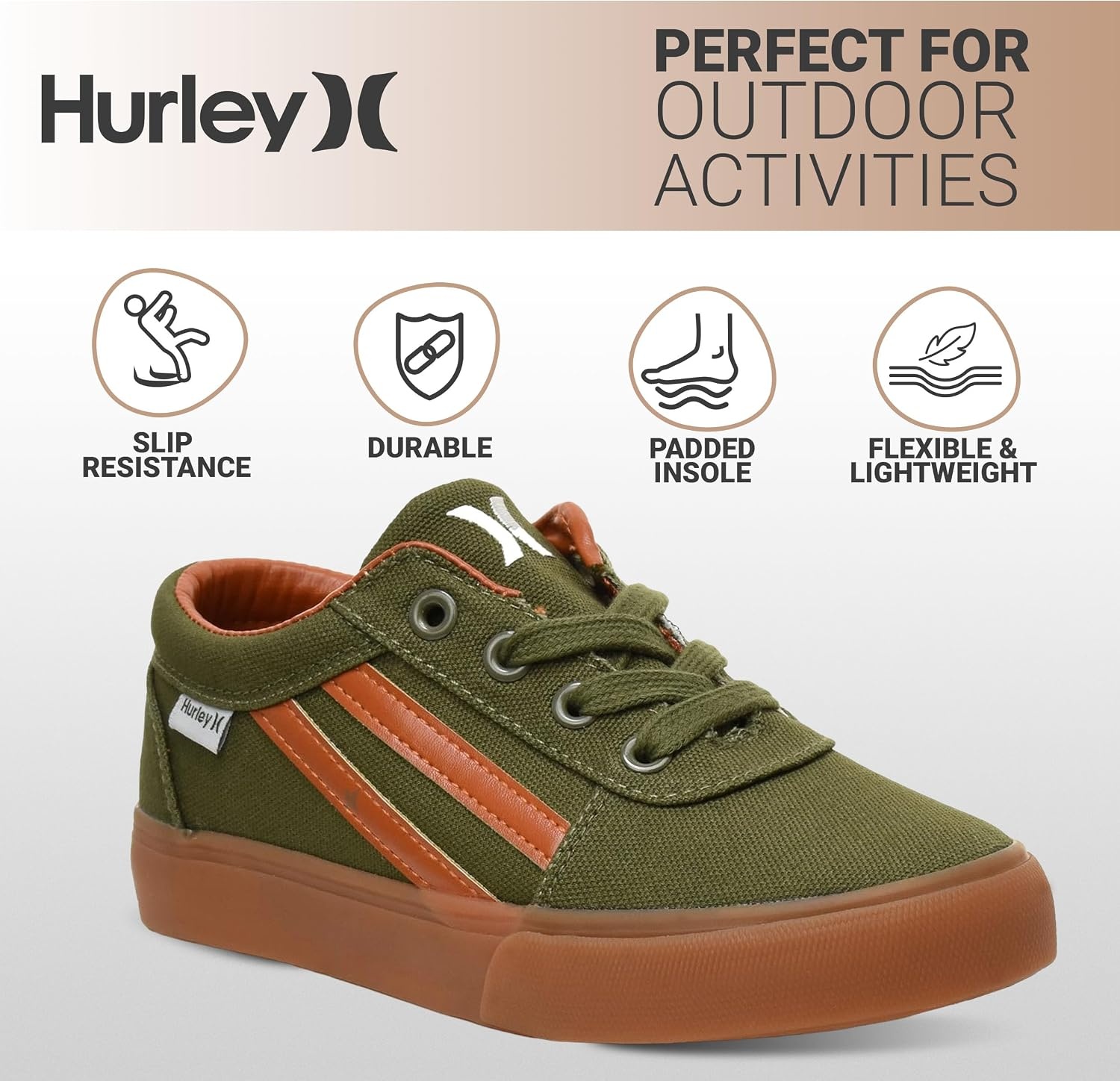 Hurley Boardy Kids Lace Up Canvas Sneakers – Low Cut Skateboarding Shoes for Kids, Sports Shoes for Boys and Girls(Khaki/Tan)