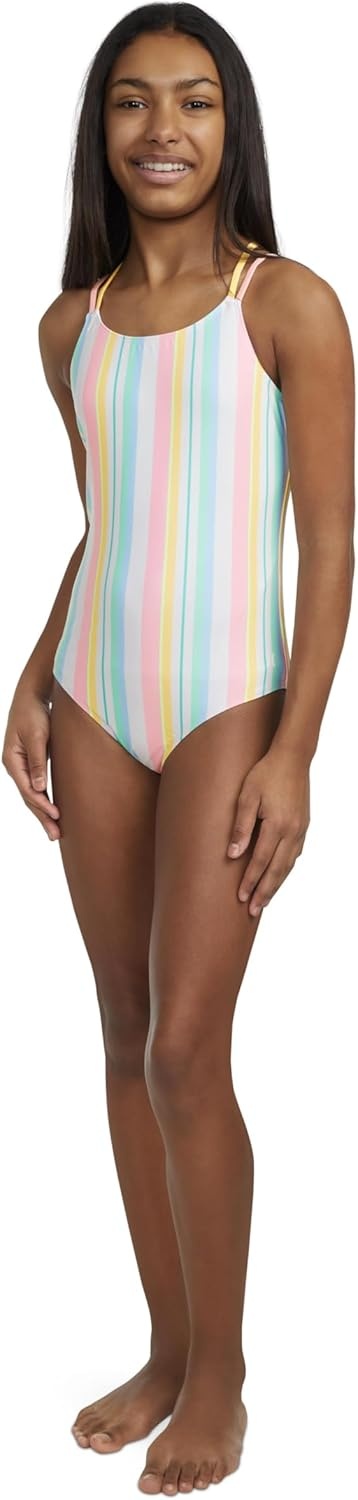Hurley Girls’ One Piece Swimsuit(Pale Ivory/Multi Stripe)