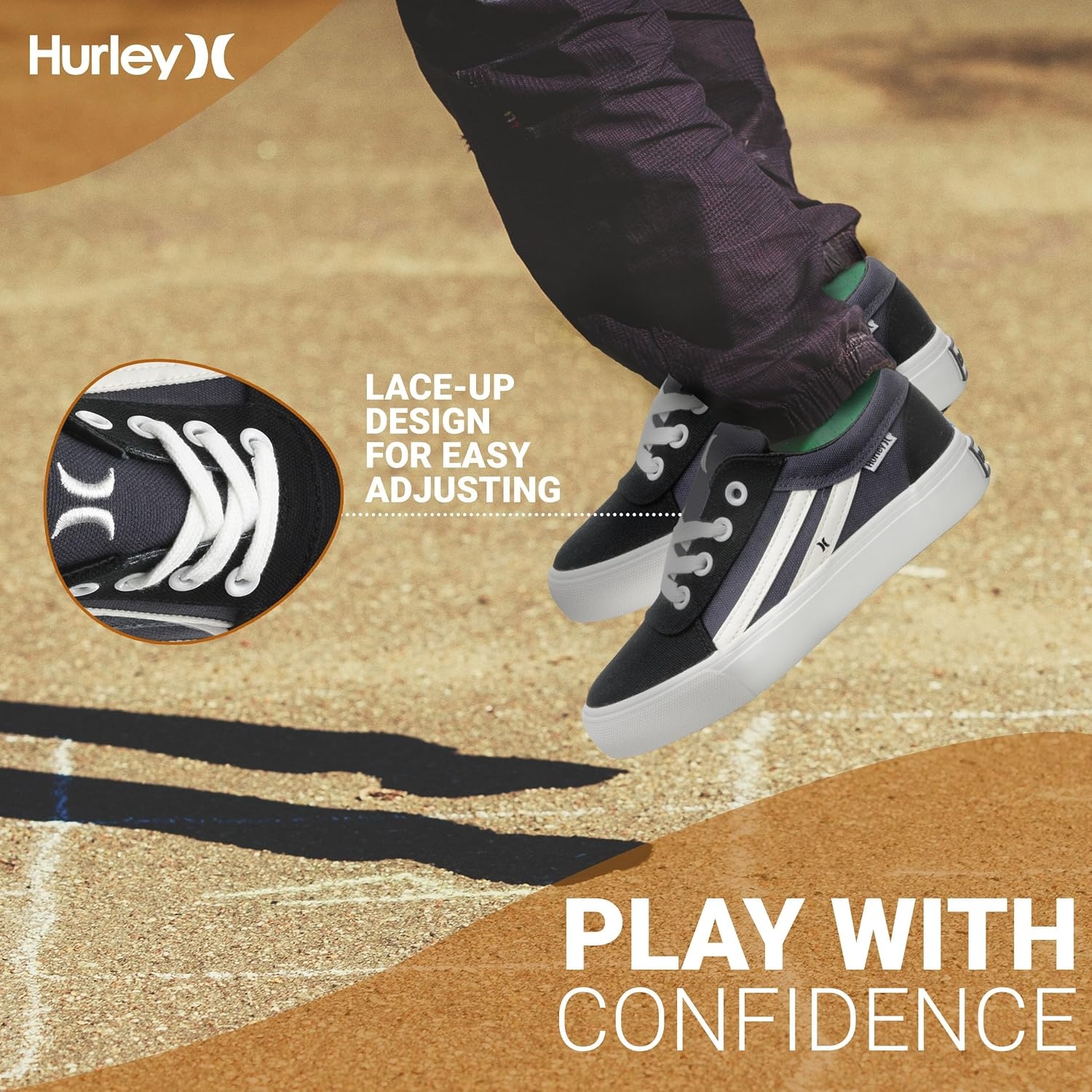 Hurley Boardy Kids Lace Up Canvas Sneakers – Low Cut Skateboarding Shoes for Kids, Sports Shoes for Boys and Girls(Black Grey White)