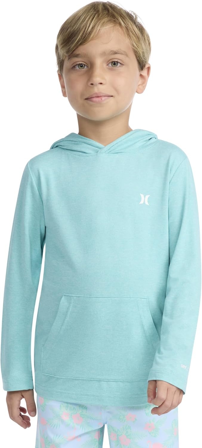 Hurley Boys’ Long Sleeve Hooded UPF 50+ Rash Guard Swim Shirt(Harbor Green Heather)