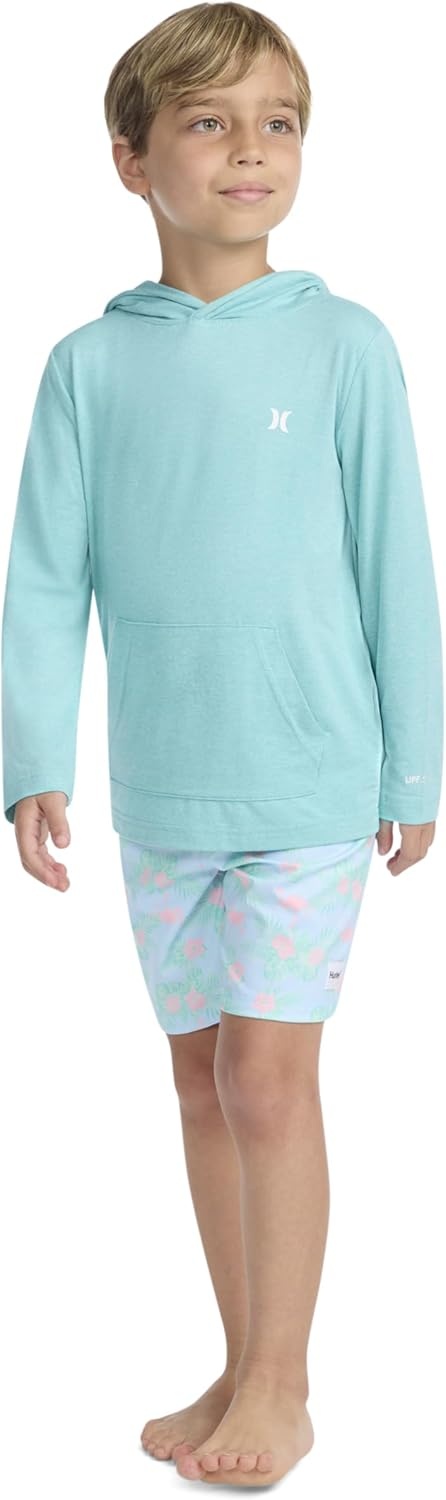 Hurley Boys’ Long Sleeve Hooded UPF 50+ Rash Guard Swim Shirt(Harbor Green Heather)