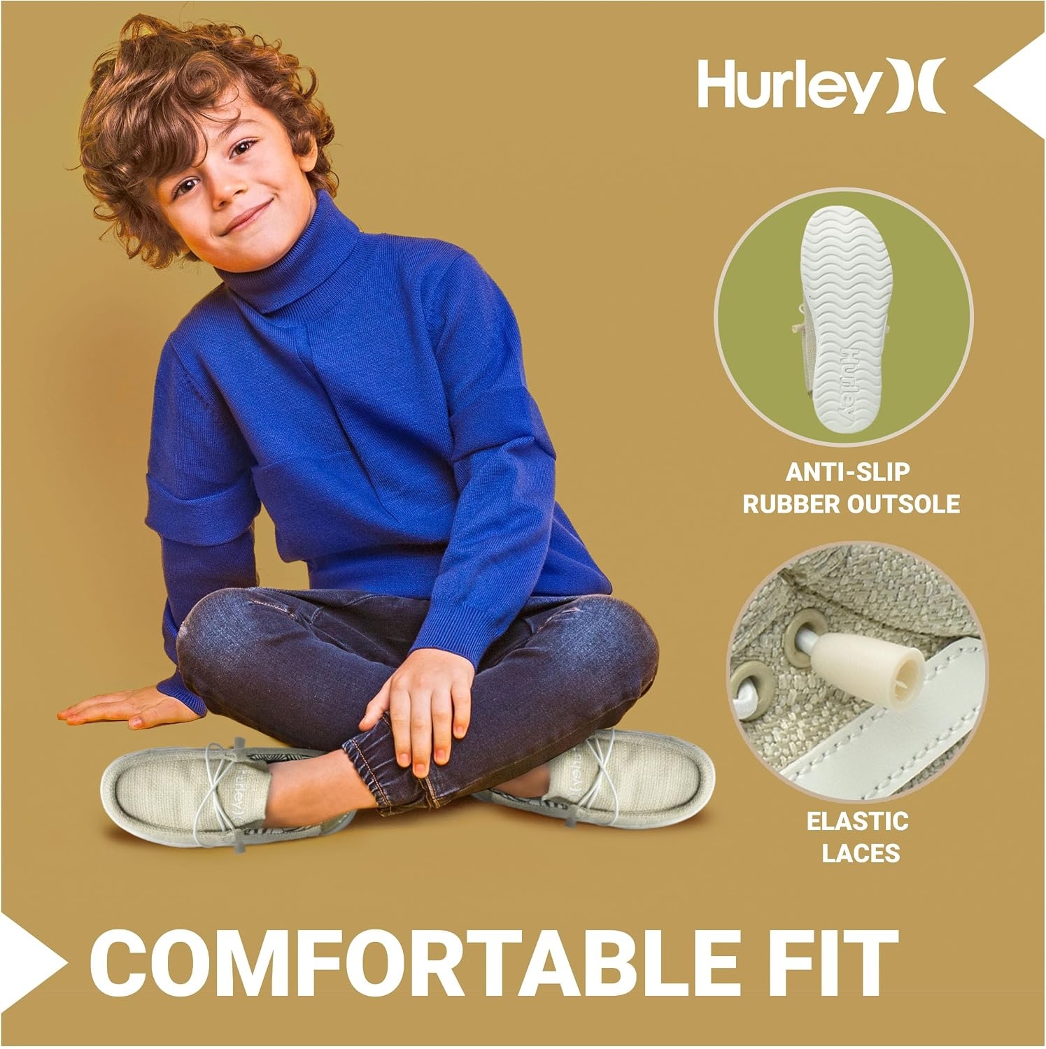 Hurley Kids Elastic Lace Loafers, Canvas Shoes for Boys & Girls – Comfortable, Durable, Stylish – Kid’s Fashion Sneakers, Wide Toe Shoes for Everyday Wear(Beige)