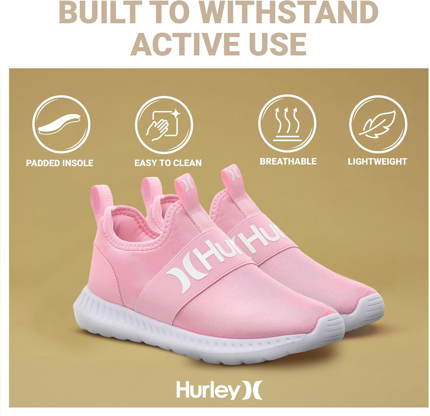 Hurley Kids Camby Lightweight Slip-on Sneakers, Walking, Basketball, Tennis, Running Shoes for Kids, Breathable Slip On Sports Shoes for Boys & Girls, with Padded Insole & Non-Slip Rubber Outsole(Pink)