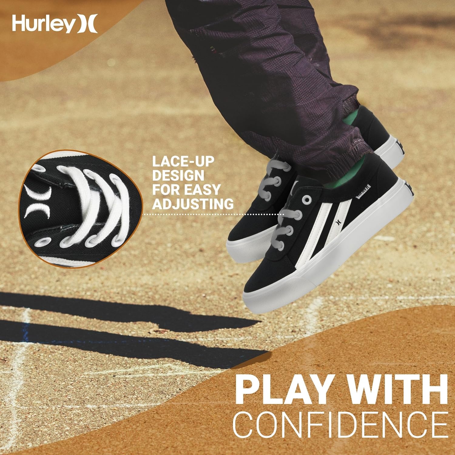 Hurley Boardy Kids Lace Up Canvas Sneakers – Low Cut Skateboarding Shoes for Kids, Sports Shoes for Boys and Girls(Black White)