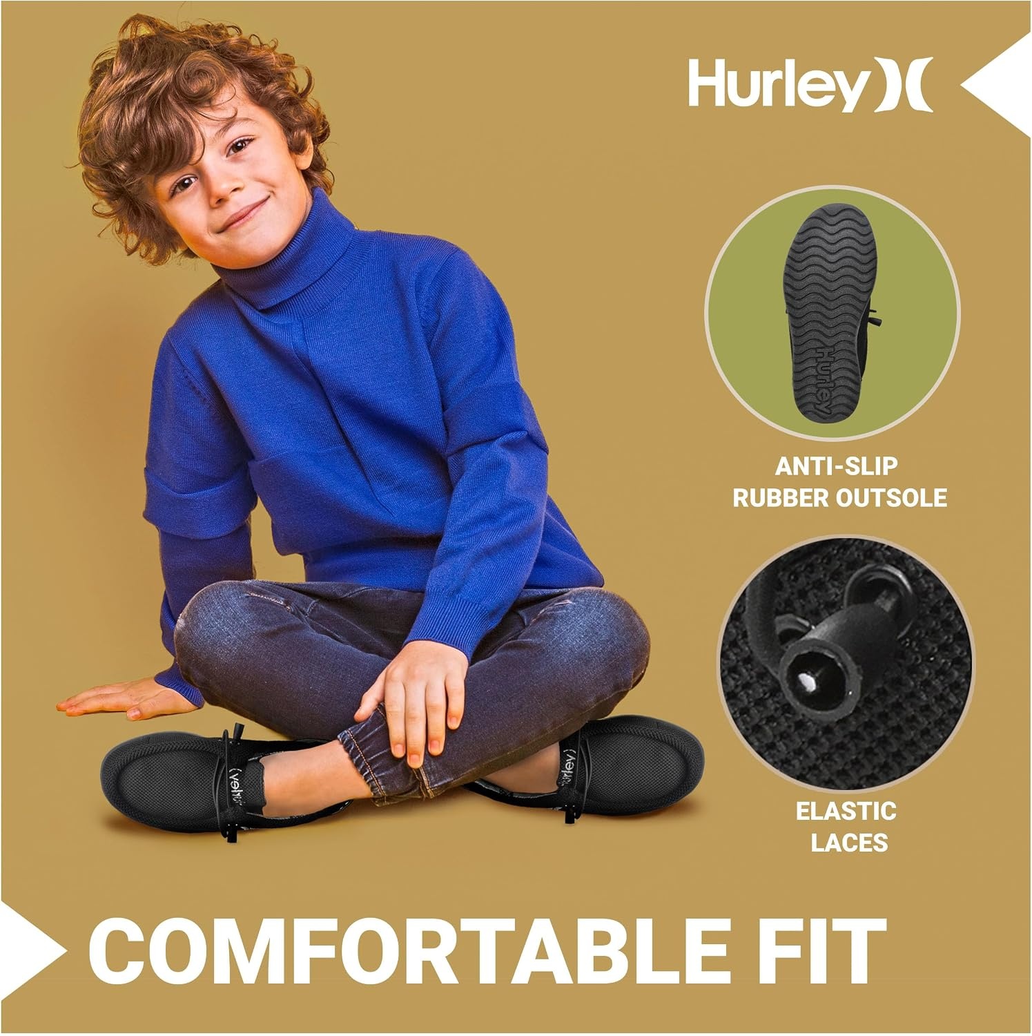 Hurley Kids Elastic Lace Loafers, Canvas Shoes for Boys & Girls – Comfortable, Durable, Stylish – Kid’s Fashion Sneakers, Wide Toe Shoes for Everyday Wear(Black)