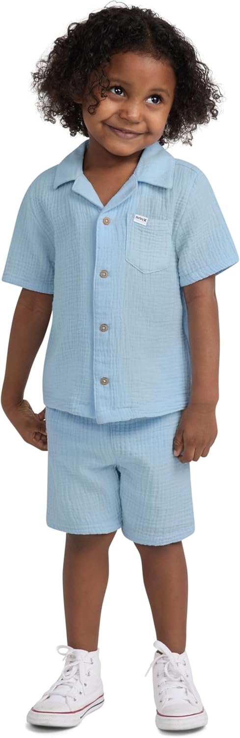 Hurley Baby and Toddler Boys’ Short Sleeve Button Up Shirt and Shorts 2-Piece Outfit Set(Blue Ice)