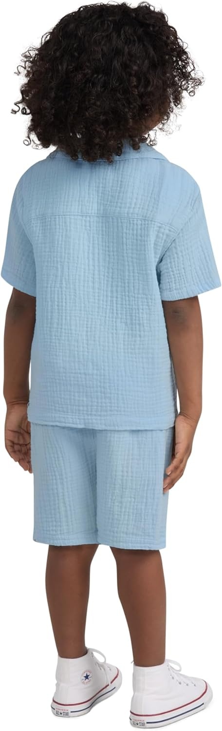 Hurley Baby and Toddler Boys’ Short Sleeve Button Up Shirt and Shorts 2-Piece Outfit Set(Blue Ice)