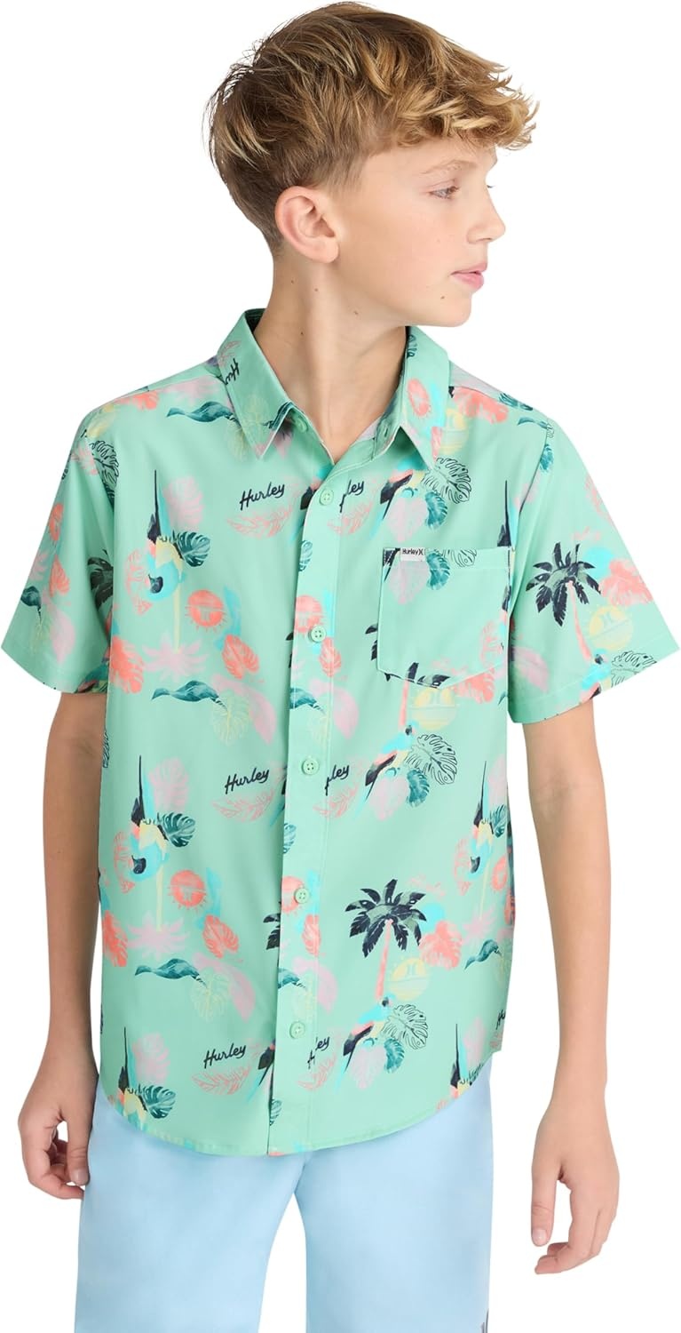 Hurley Boys’ Boys’ Woven Button Down Shirt(Jelly Mint Parrot)