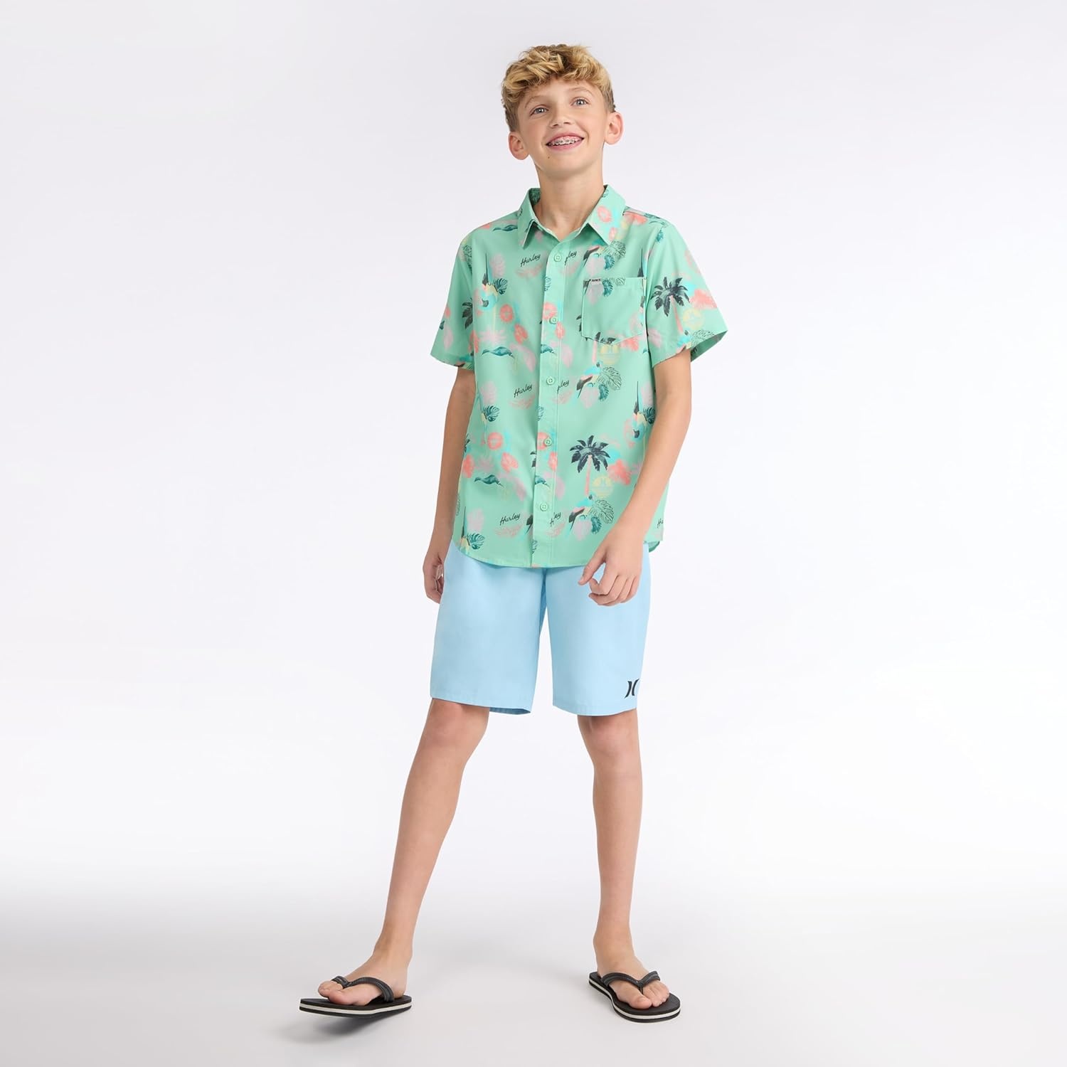Hurley Boys’ Boys’ Woven Button Down Shirt(Jelly Mint Parrot)