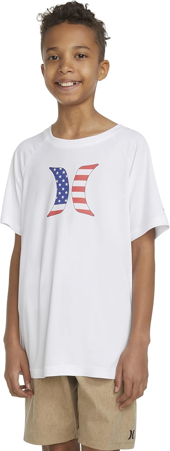 Hurley Boy’s Icon UPF 50+ Rash Guard Swim Shirt(White/Americana)