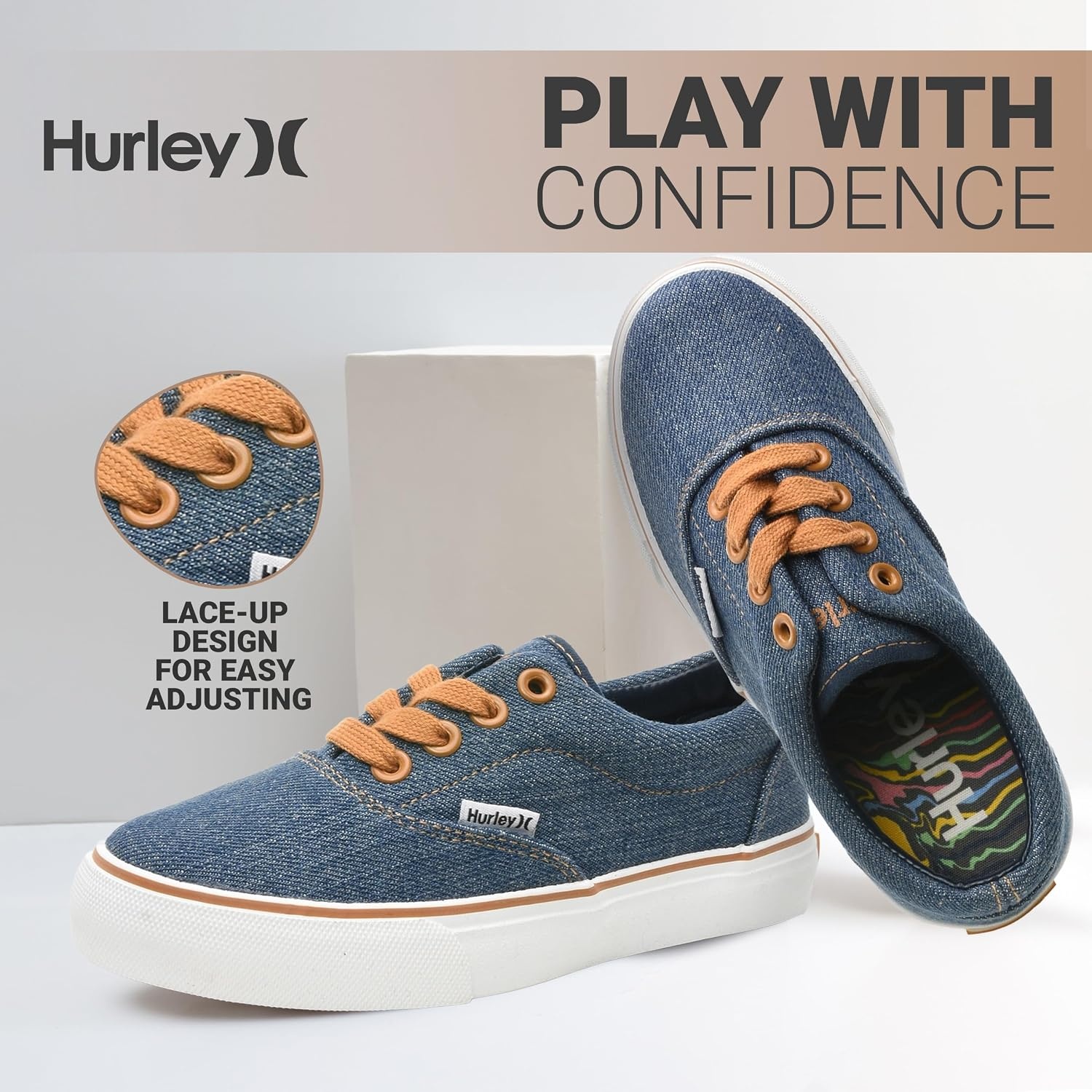 Hurley Marley Kids Lace Up Canvas Sneakers – Low Cut Skateboarding Shoes for Kids, Sports Shoes for Boys and Girls(Light Blue Denim)