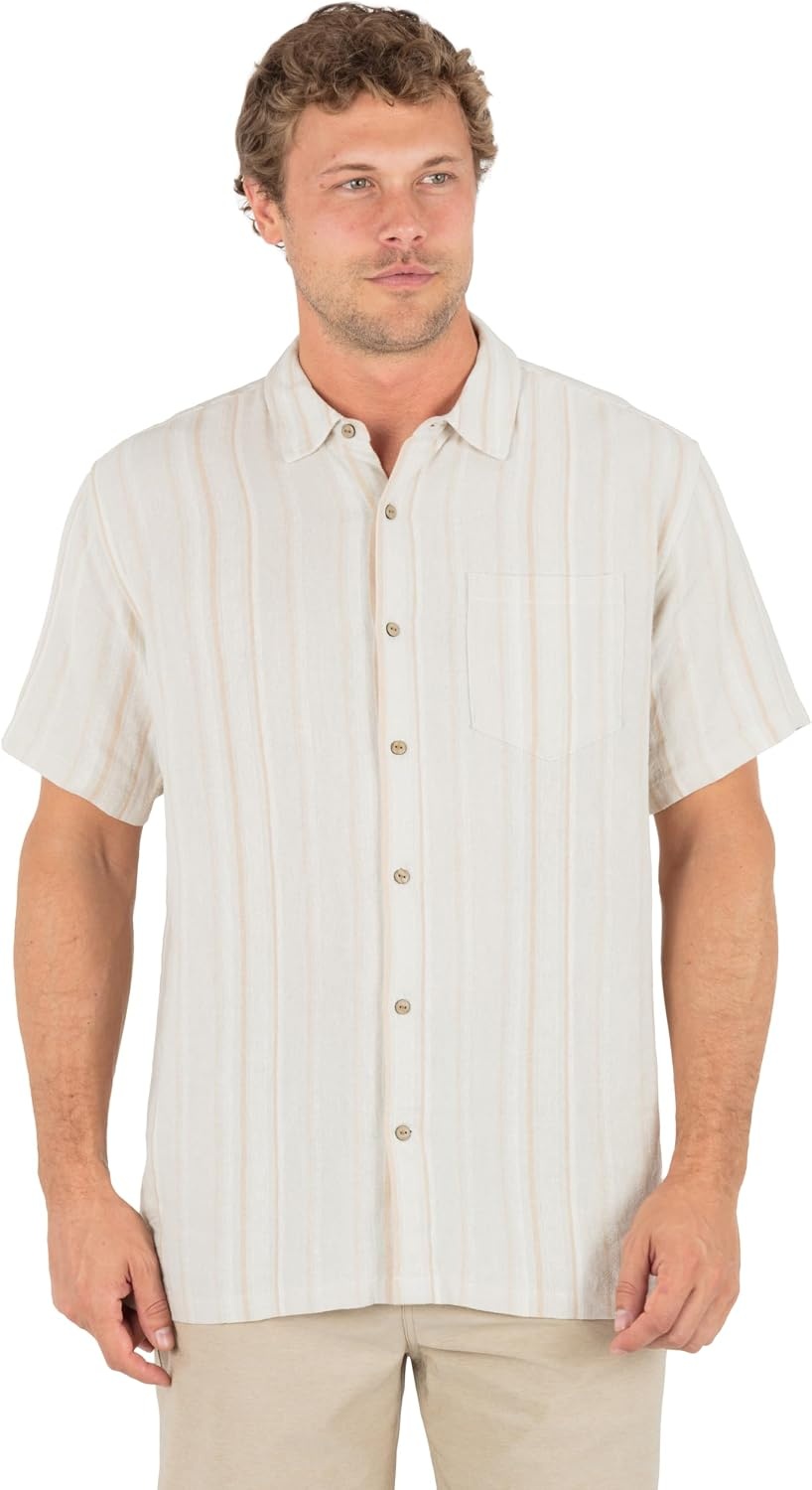 Hurley Men’s Short Sleeve Casual Button Down Shirt, Regular Fit, Chest Pocket(Bone)