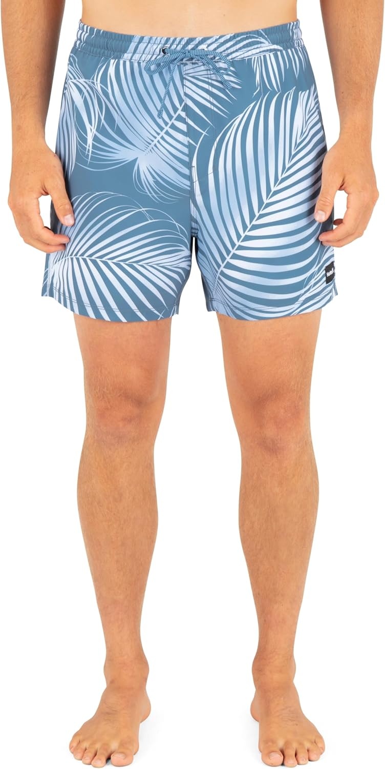 Hurley Men’s 4-Way Stretch Compression Lined 6″ Inseam Boardshort, 17″ Outseam, Elastic Waistband(Grey Teal – Leaf Print)