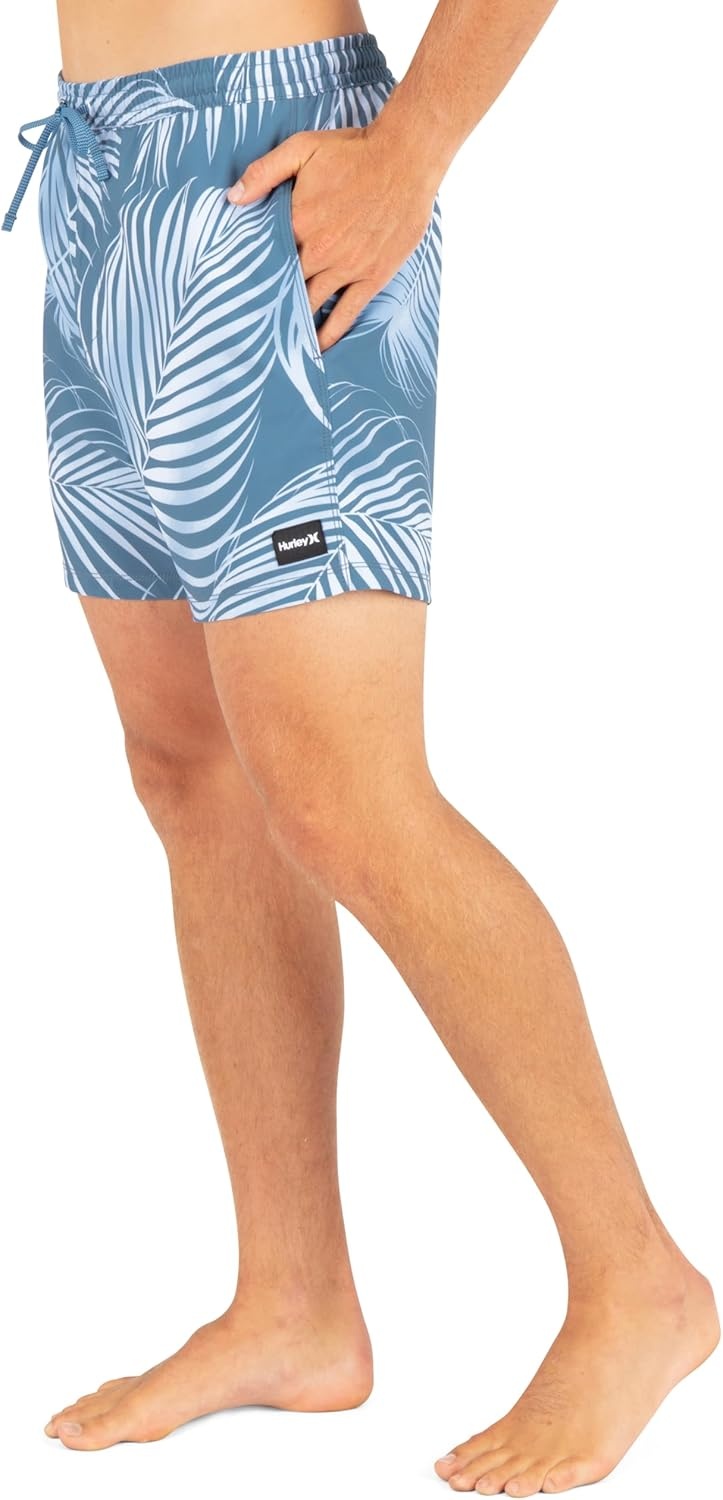 Hurley Men’s 4-Way Stretch Compression Lined 6″ Inseam Boardshort, 17″ Outseam, Elastic Waistband(Grey Teal – Leaf Print)
