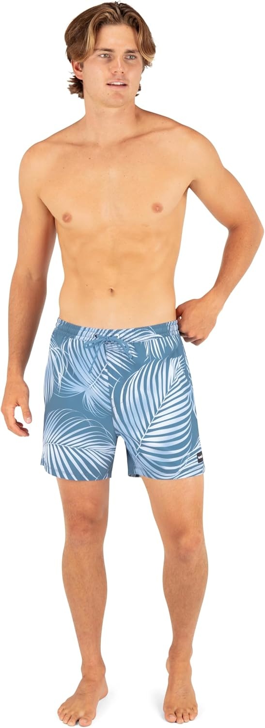 Hurley Men’s 4-Way Stretch Compression Lined 6″ Inseam Boardshort, 17″ Outseam, Elastic Waistband(Grey Teal – Leaf Print)