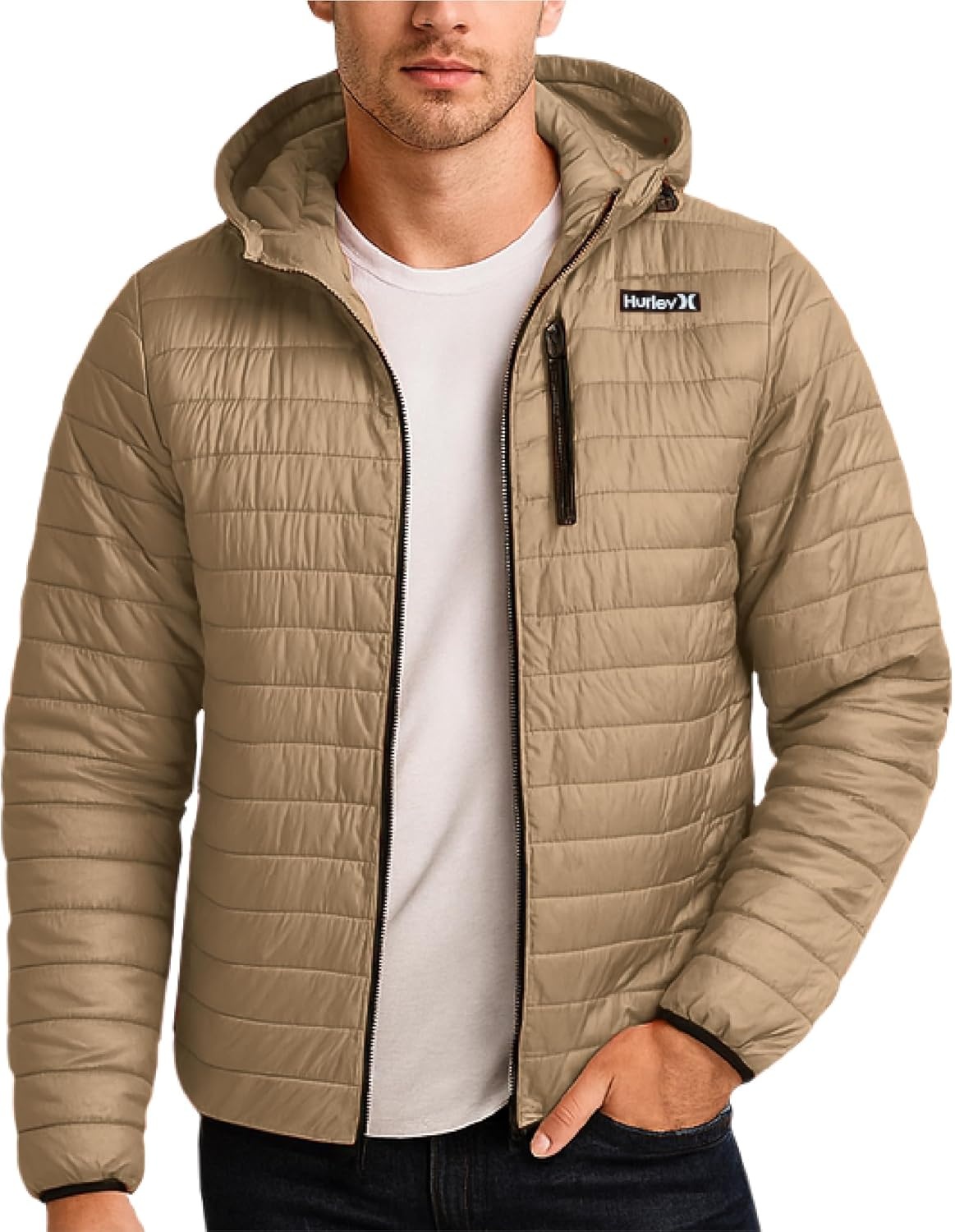 Hurley Mens Puffer Jacket – Lightweight Packable Insulated Winter Coat for Men – Weather Resistant Quilted Outdoor Jacket(Khaki Brown)