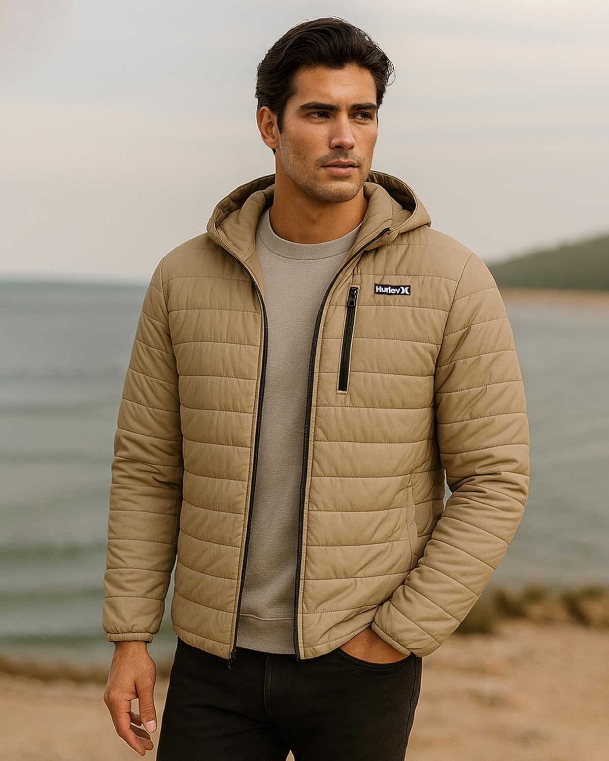 Hurley Mens Puffer Jacket – Lightweight Packable Insulated Winter Coat for Men – Weather Resistant Quilted Outdoor Jacket(Khaki Brown)