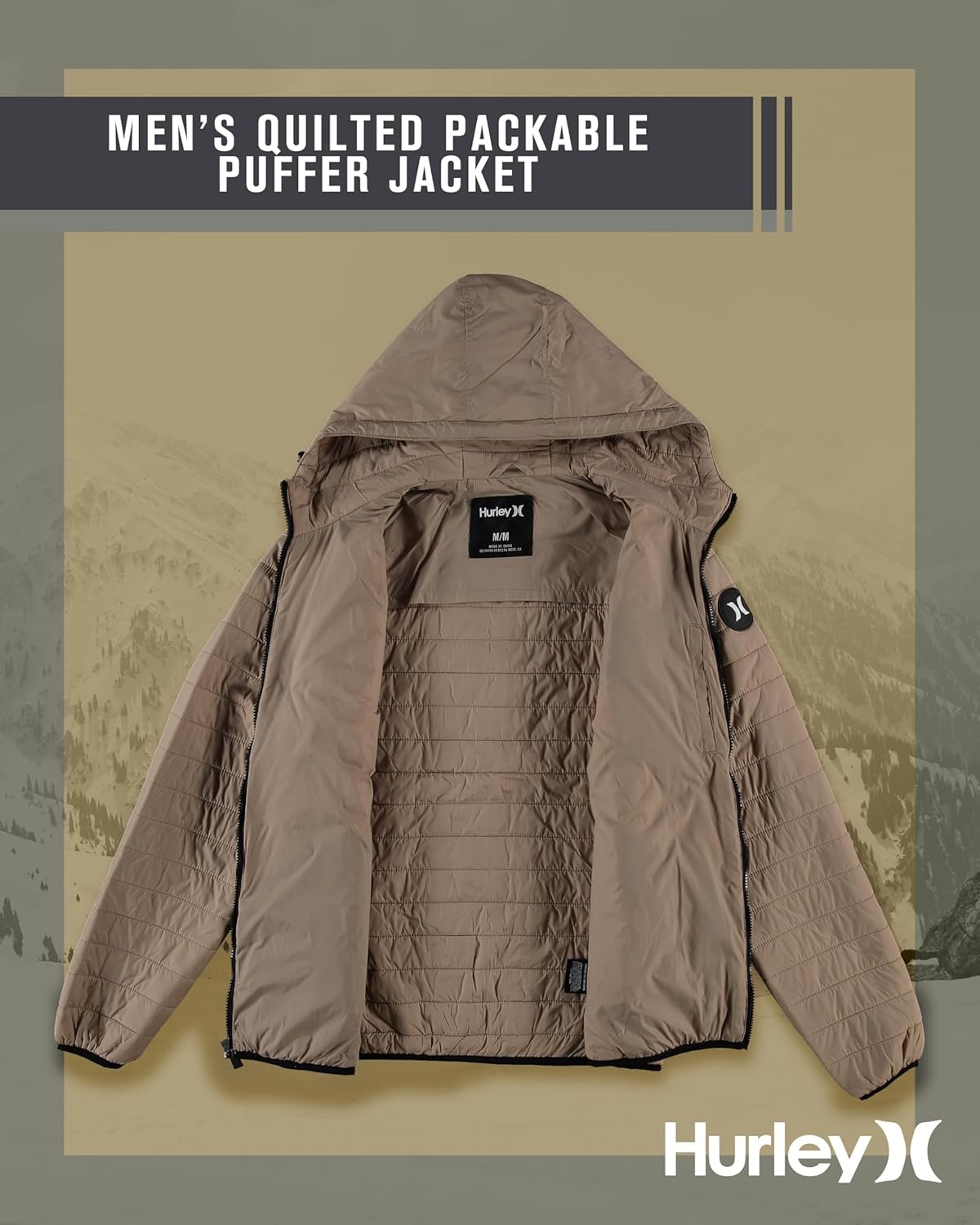 Hurley Mens Puffer Jacket – Lightweight Packable Insulated Winter Coat for Men – Weather Resistant Quilted Outdoor Jacket(Khaki Brown)