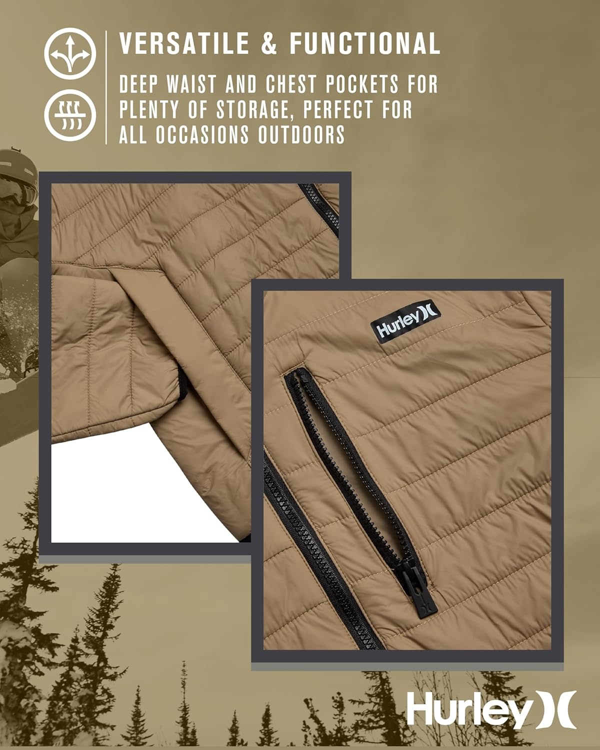 Hurley Mens Puffer Jacket – Lightweight Packable Insulated Winter Coat for Men – Weather Resistant Quilted Outdoor Jacket(Khaki Brown)