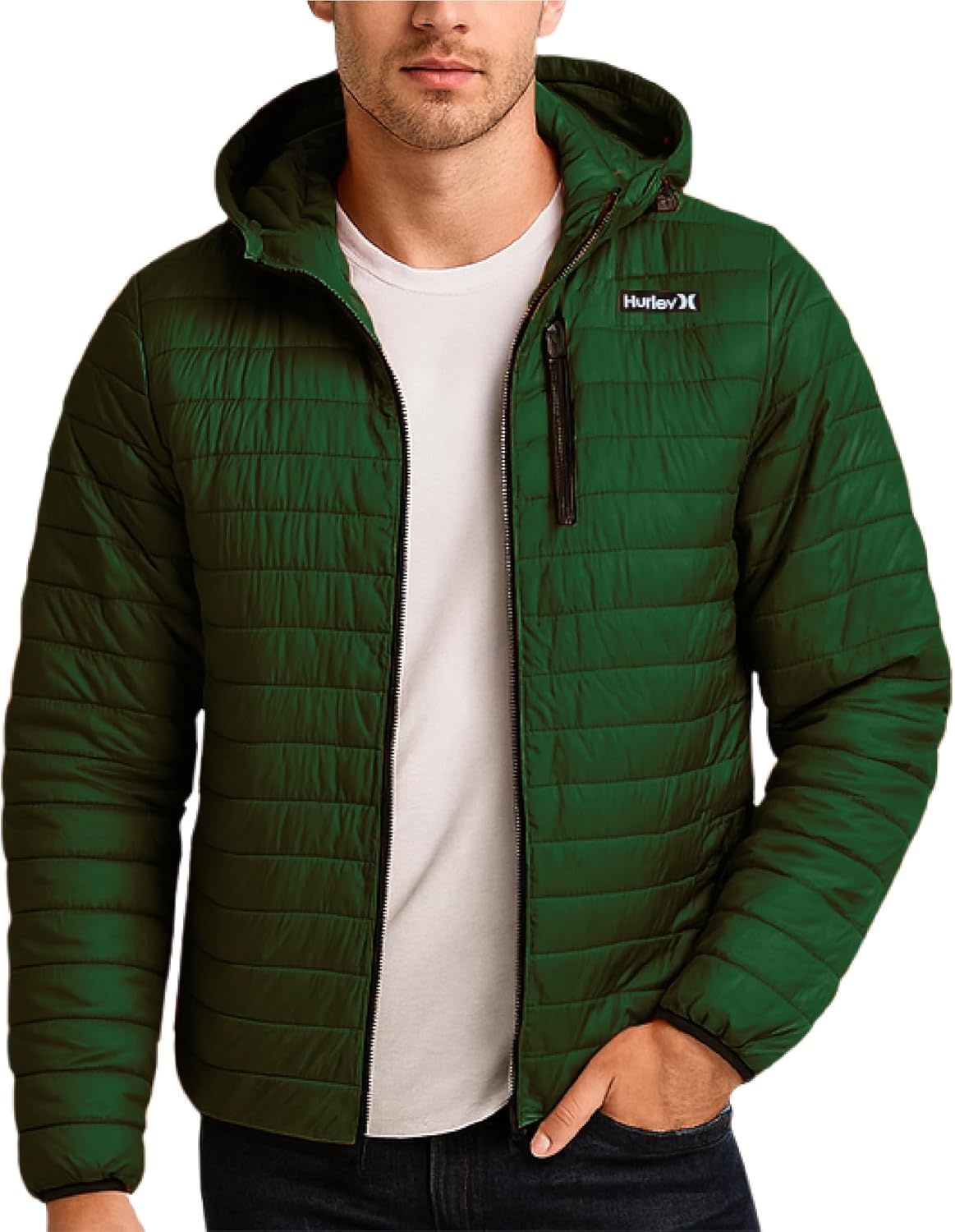 Hurley Mens Puffer Jacket – Lightweight Packable Insulated Winter Coat for Men – Weather Resistant Quilted Outdoor Jacket(Olive Green)