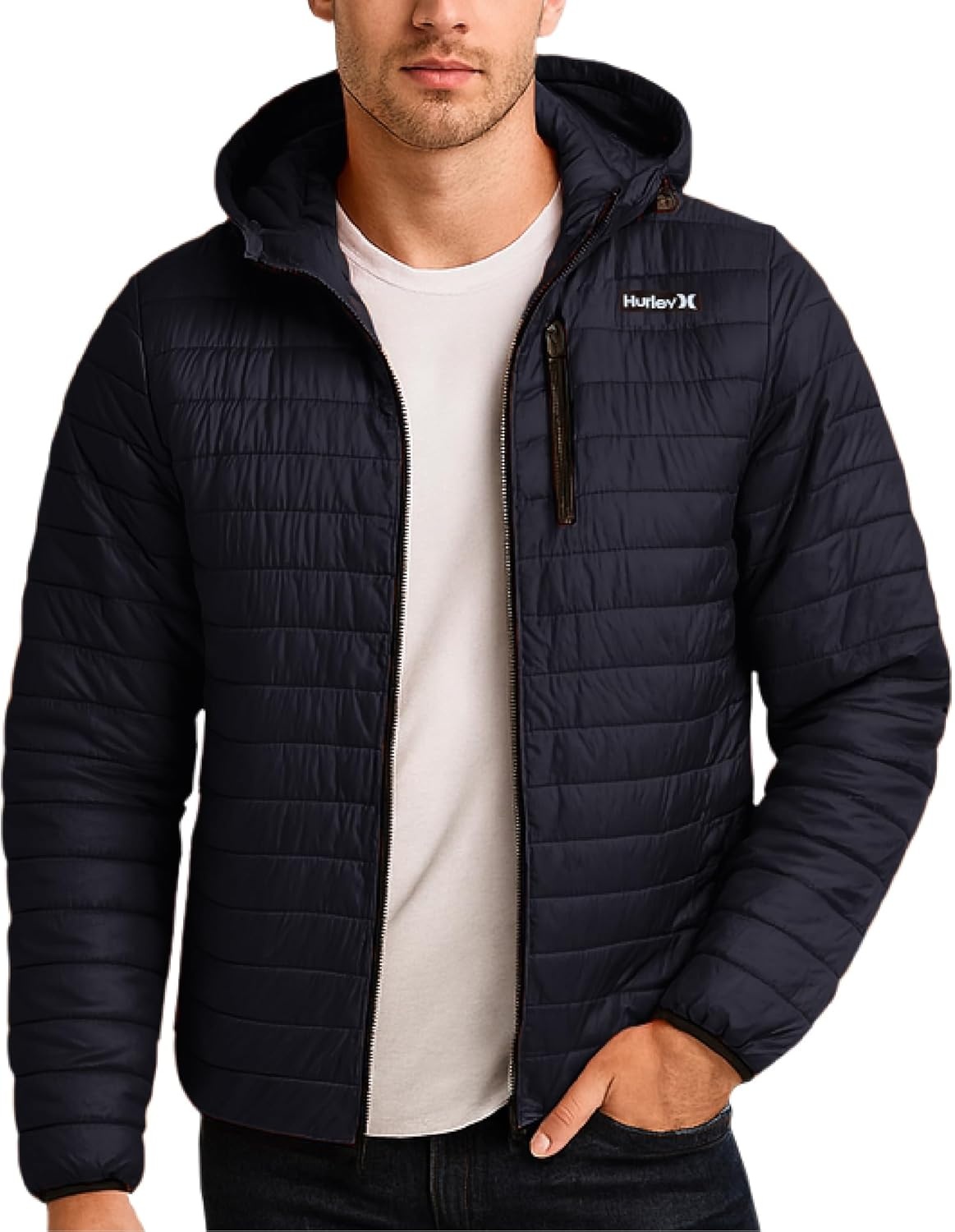Hurley Mens Puffer Jacket – Lightweight Packable Insulated Winter Coat for Men – Weather Resistant Quilted Outdoor Jacket(Navy)