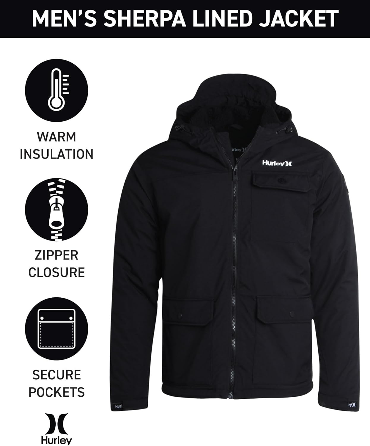Hurley Mens Winter Jacket – Warm Zip Up Hooded Parka Sherpa Lined Jackets For Men with Multiple Pockets (Sizes S-XL)(Black)