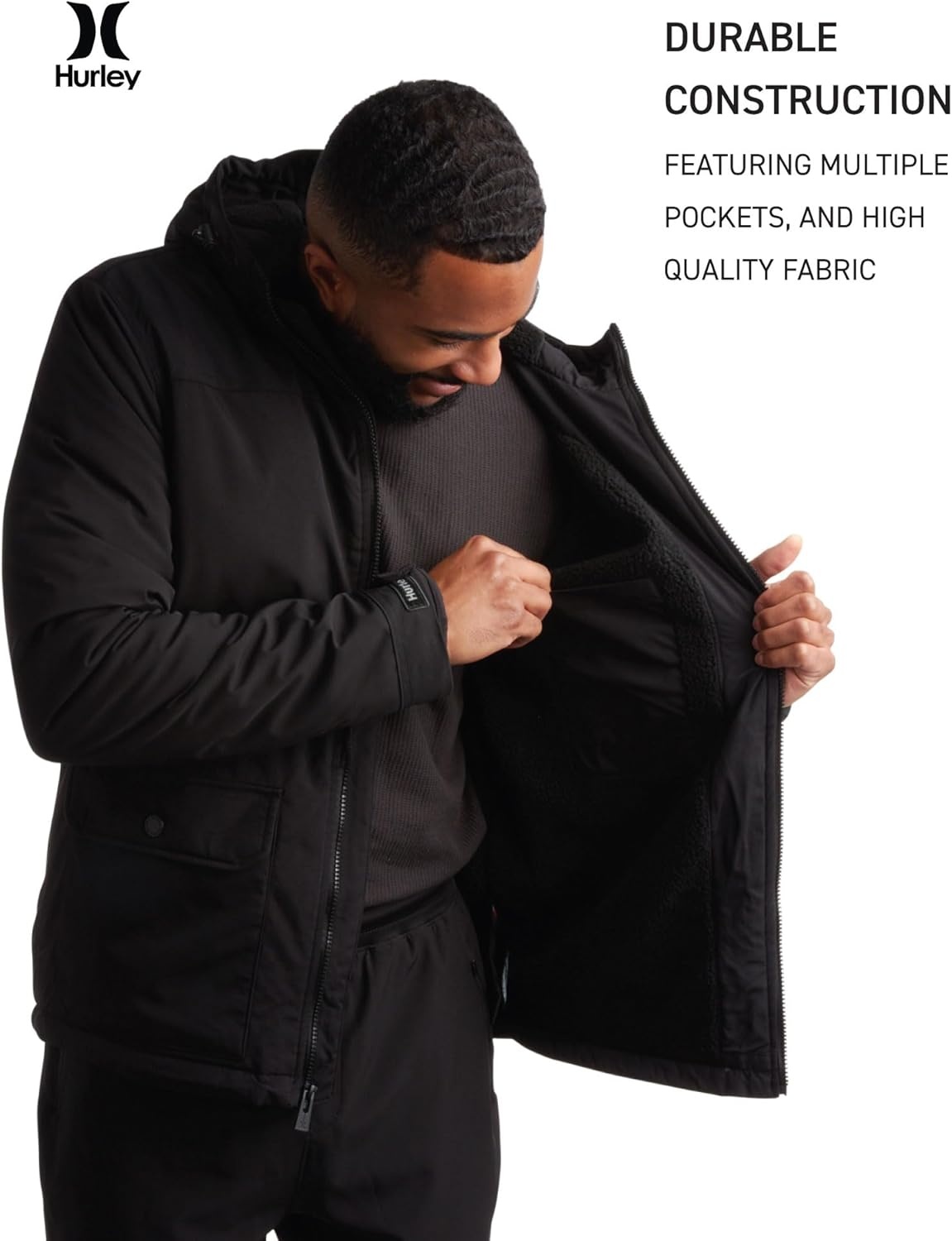 Hurley Mens Winter Jacket – Warm Zip Up Hooded Parka Sherpa Lined Jackets For Men with Multiple Pockets (Sizes S-XL)(Black)