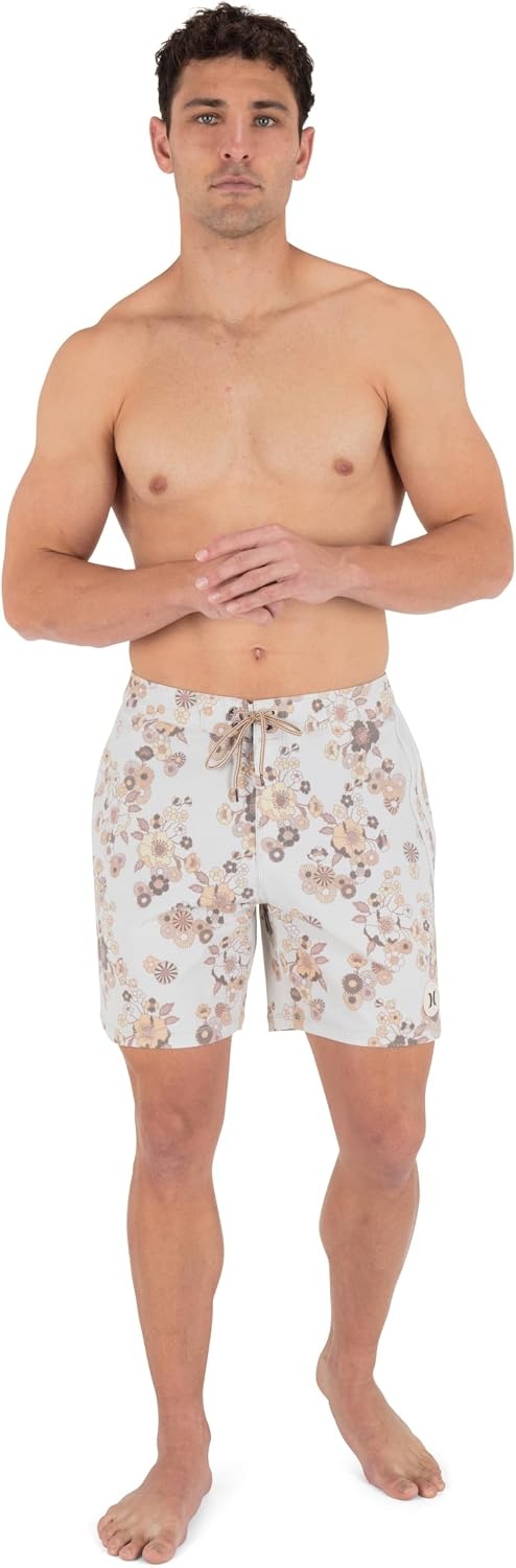 Hurley Men’s Phantom Naturals 4-Way Stretch 7″ Inseam Boardshort, 18″ Outseam, Quick Dry Swim Trunks(Bone)