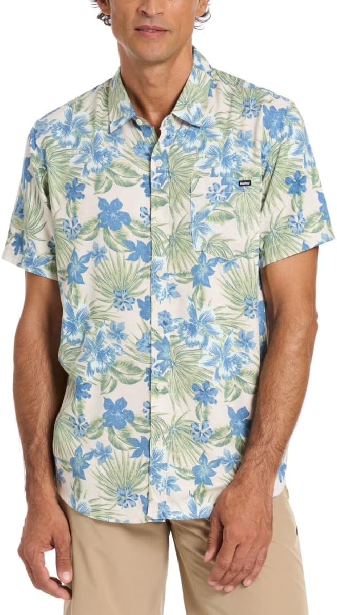 Hurley Men’s Short Sleeve Casual Button Down Shirt, Regular Fit, Chest Pocket(Olive Grey)