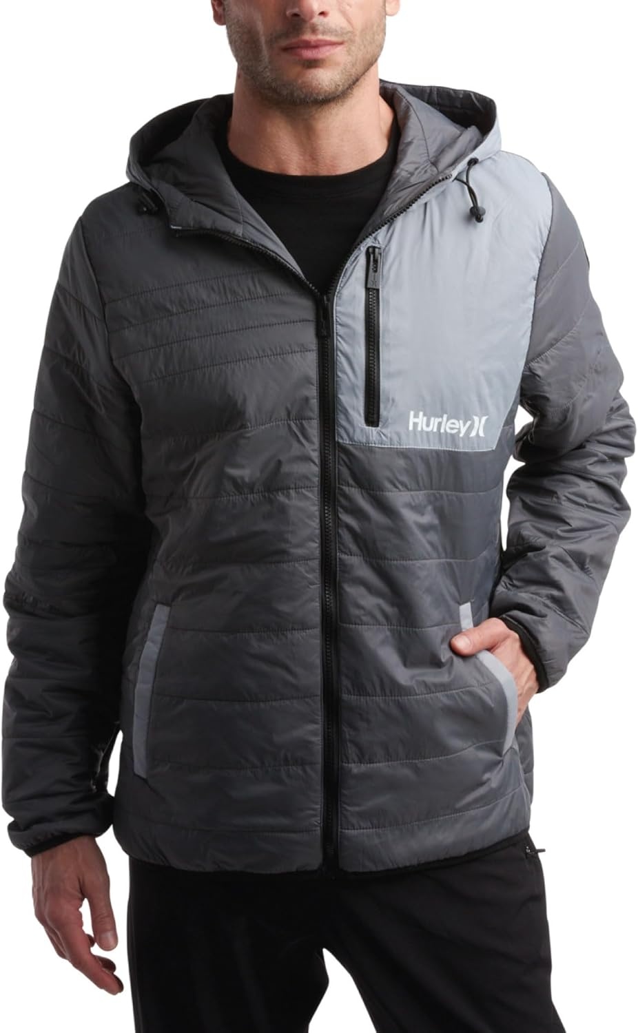 Hurley Mens Puffer Jacket – Lightweight Packable Insulated Winter Coat for Men – Weather Resistant Quilted Outdoor Jacket(Iron Grey/Grey)