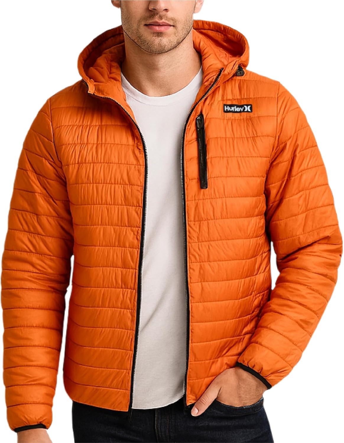 Hurley Mens Puffer Jacket – Lightweight Packable Insulated Winter Coat for Men – Weather Resistant Quilted Outdoor Jacket(Burnt Orange)