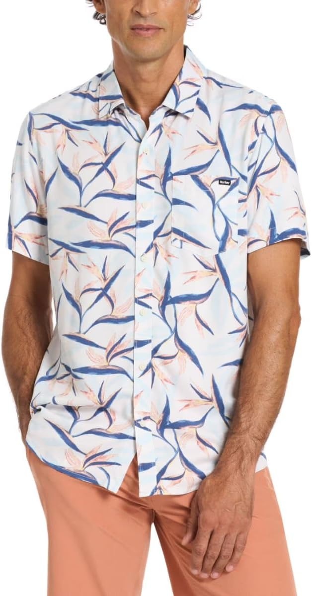 Hurley Men’s Short Sleeve Casual Button Down Shirt, Regular Fit, Chest Pocket(Woodside)