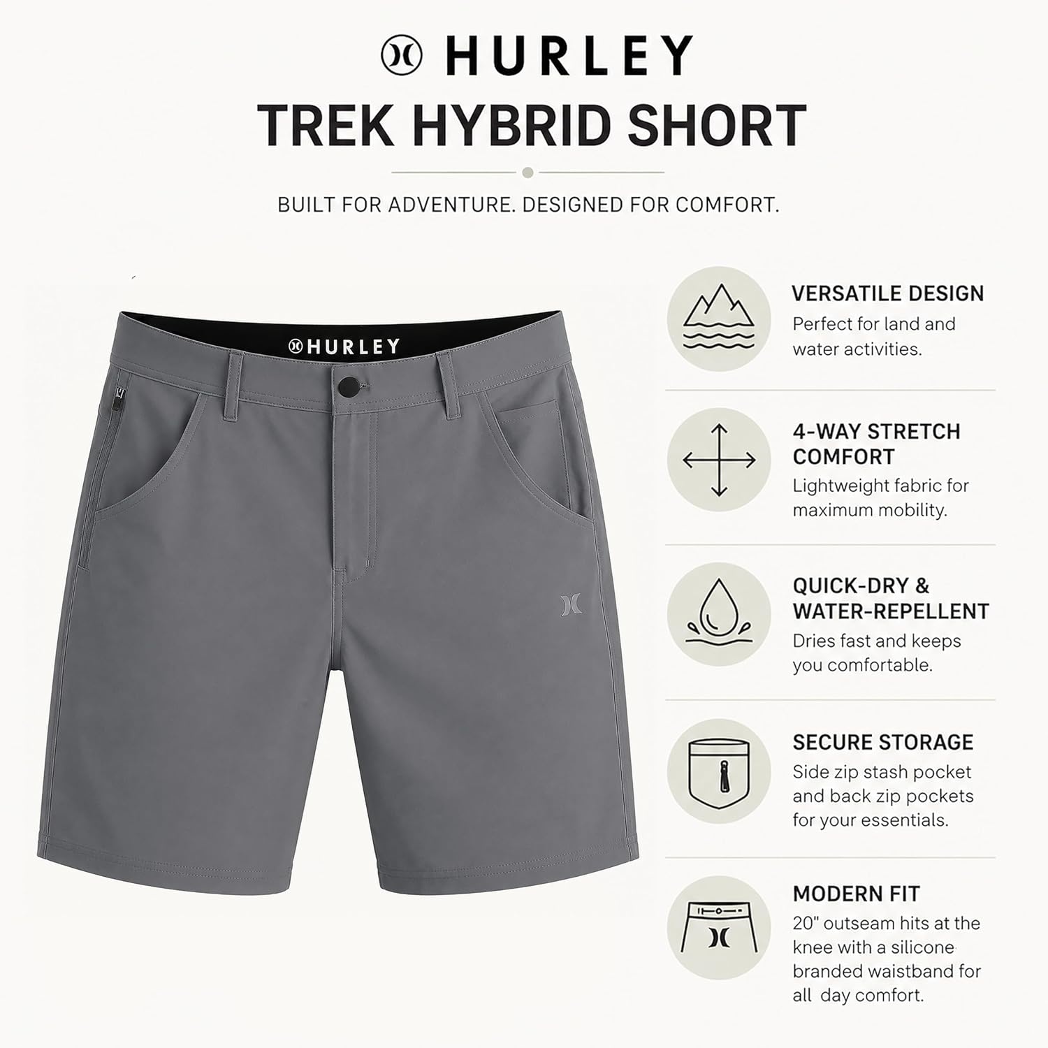 Hurley Men’s Phantom 4-Way Stretch Walk Shorts, 9″ Inseam 20″ Outseam, Quick Dry, Button Closure(Smokey Grey)