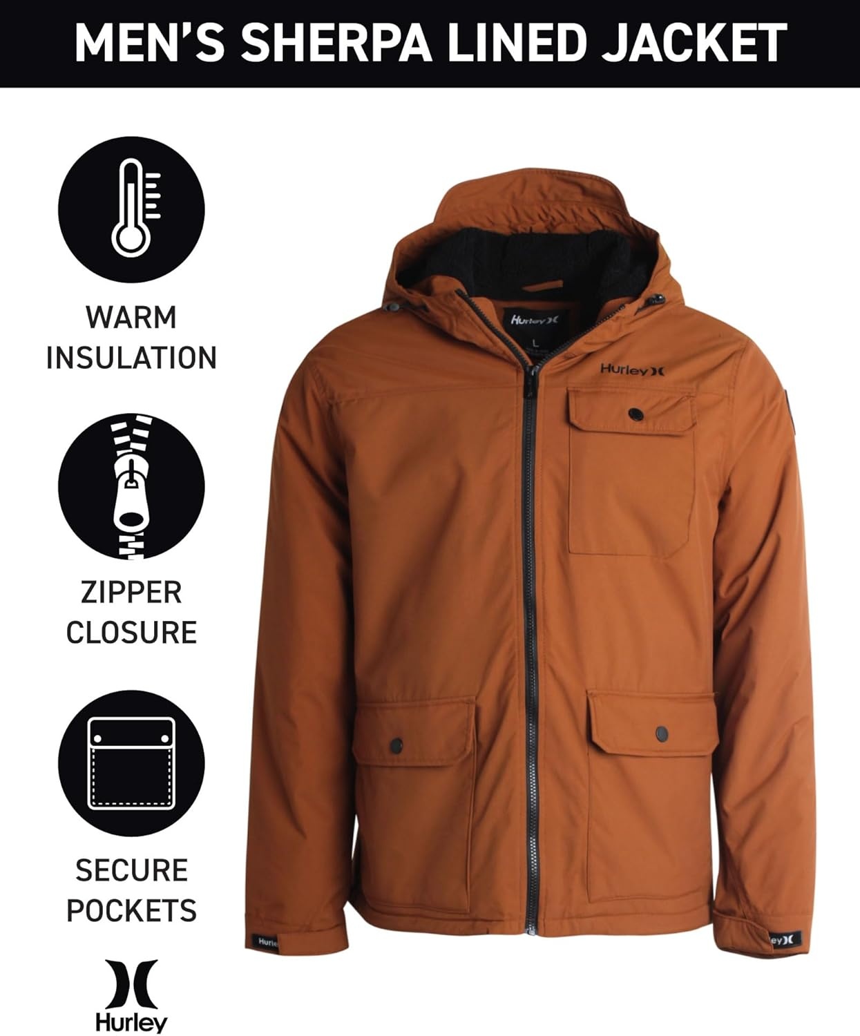 Hurley Mens Winter Jacket – Warm Zip Up Hooded Parka Sherpa Lined Jackets For Men with Multiple Pockets (Sizes S-XL)(Bronzed)