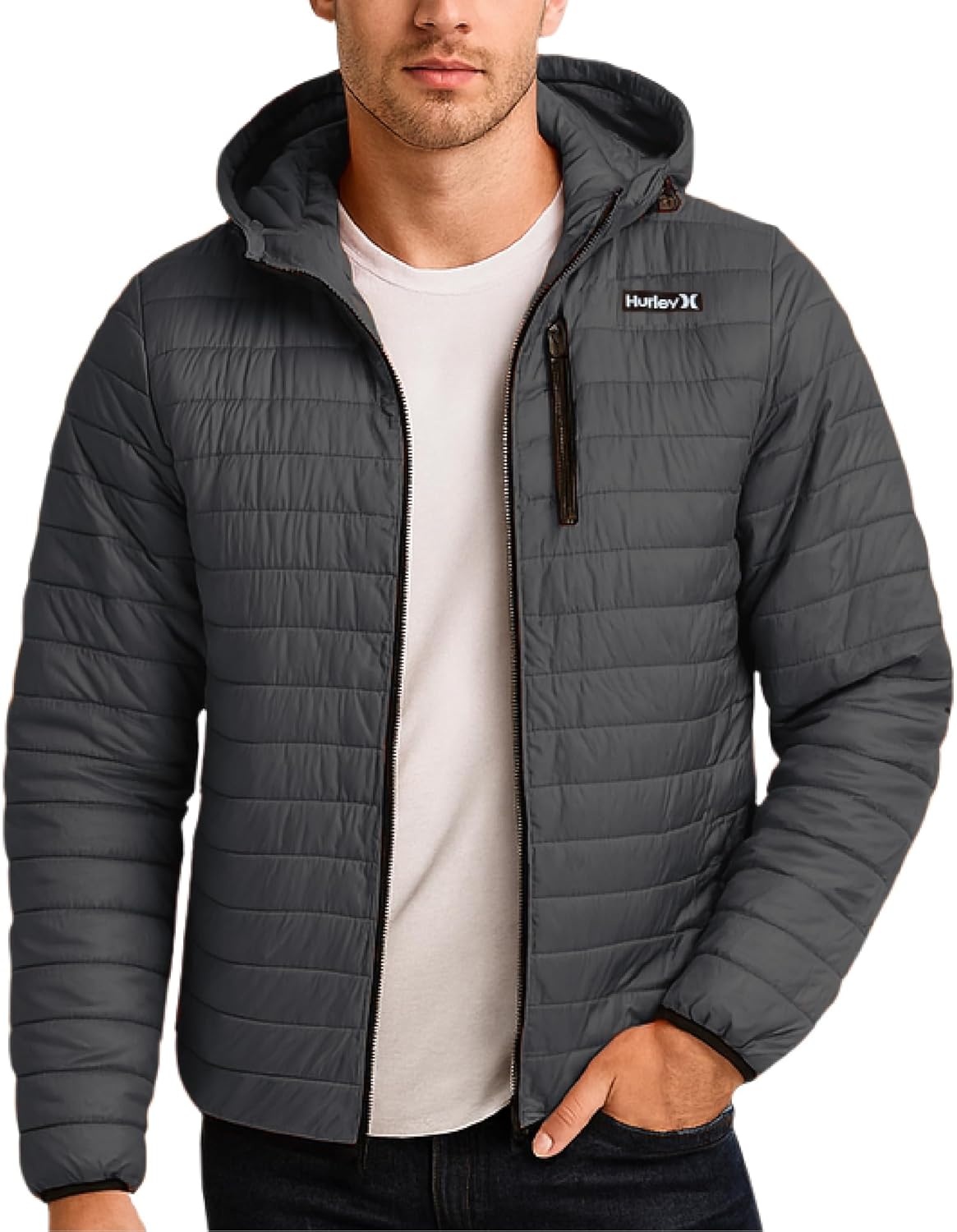 Hurley Mens Puffer Jacket – Lightweight Packable Insulated Winter Coat for Men – Weather Resistant Quilted Outdoor Jacket(Steel Iron Grey)
