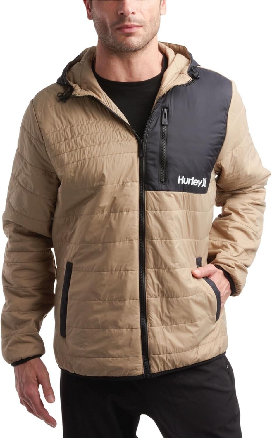 Hurley Mens Puffer Jacket – Lightweight Packable Insulated Winter Coat for Men – Weather Resistant Quilted Outdoor Jacket(Khaki/Black)