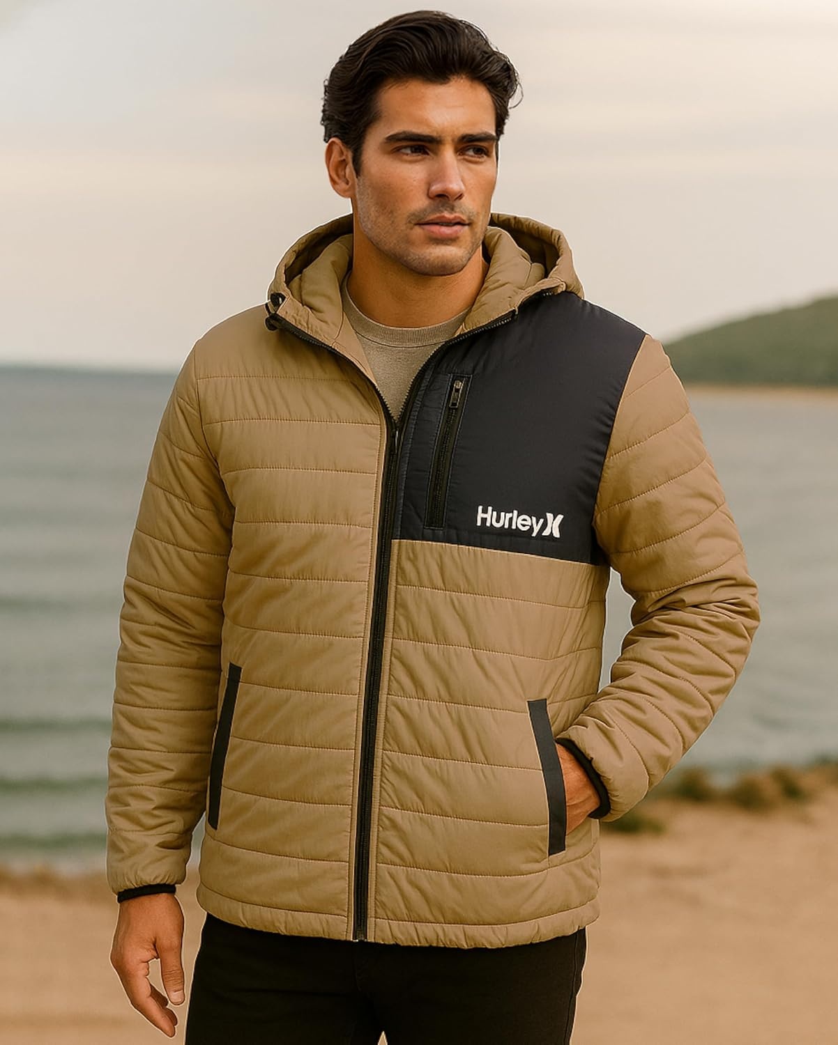 Hurley Mens Puffer Jacket – Lightweight Packable Insulated Winter Coat for Men – Weather Resistant Quilted Outdoor Jacket(Khaki/Black)