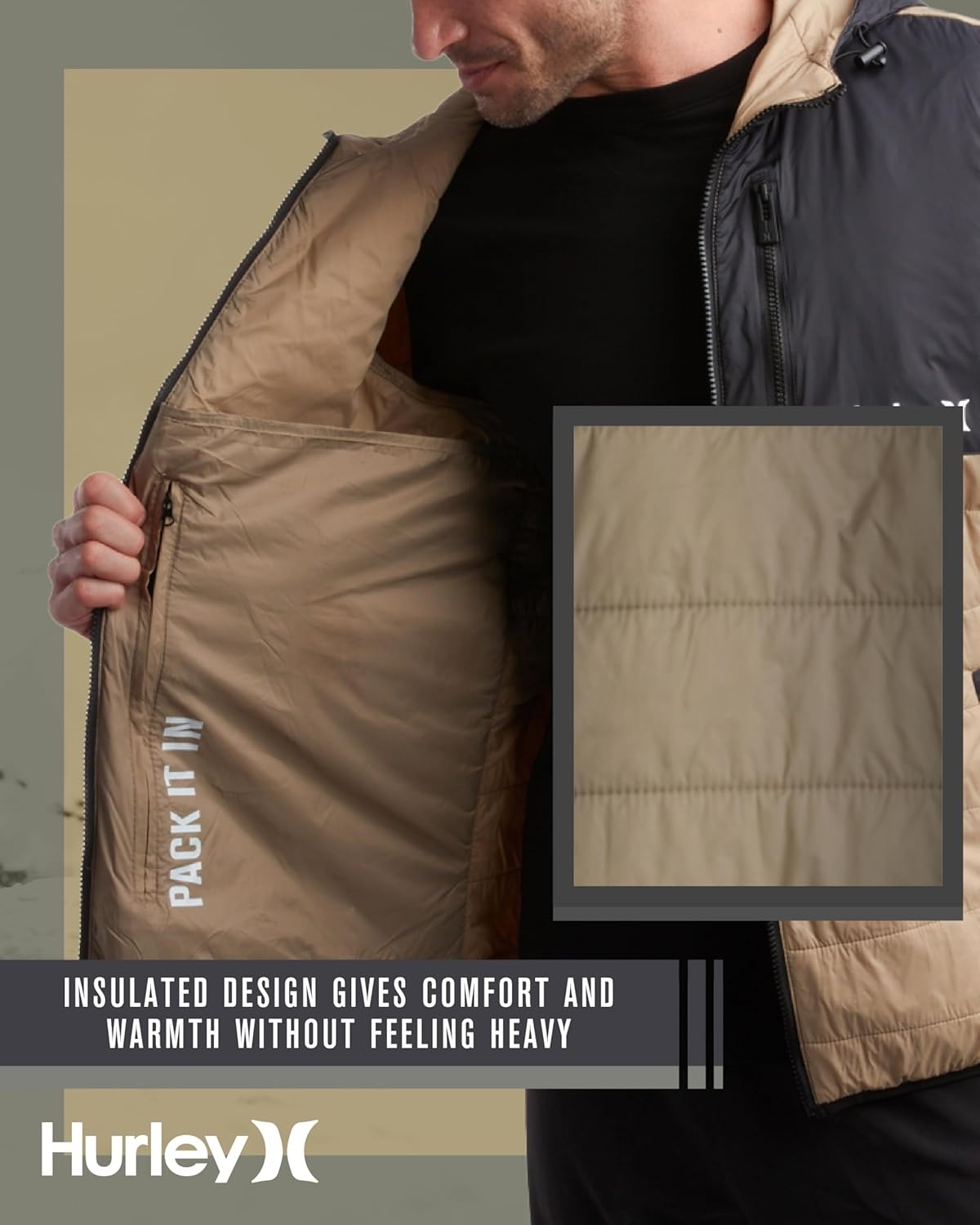 Hurley Mens Puffer Jacket – Lightweight Packable Insulated Winter Coat for Men – Weather Resistant Quilted Outdoor Jacket(Khaki/Black)