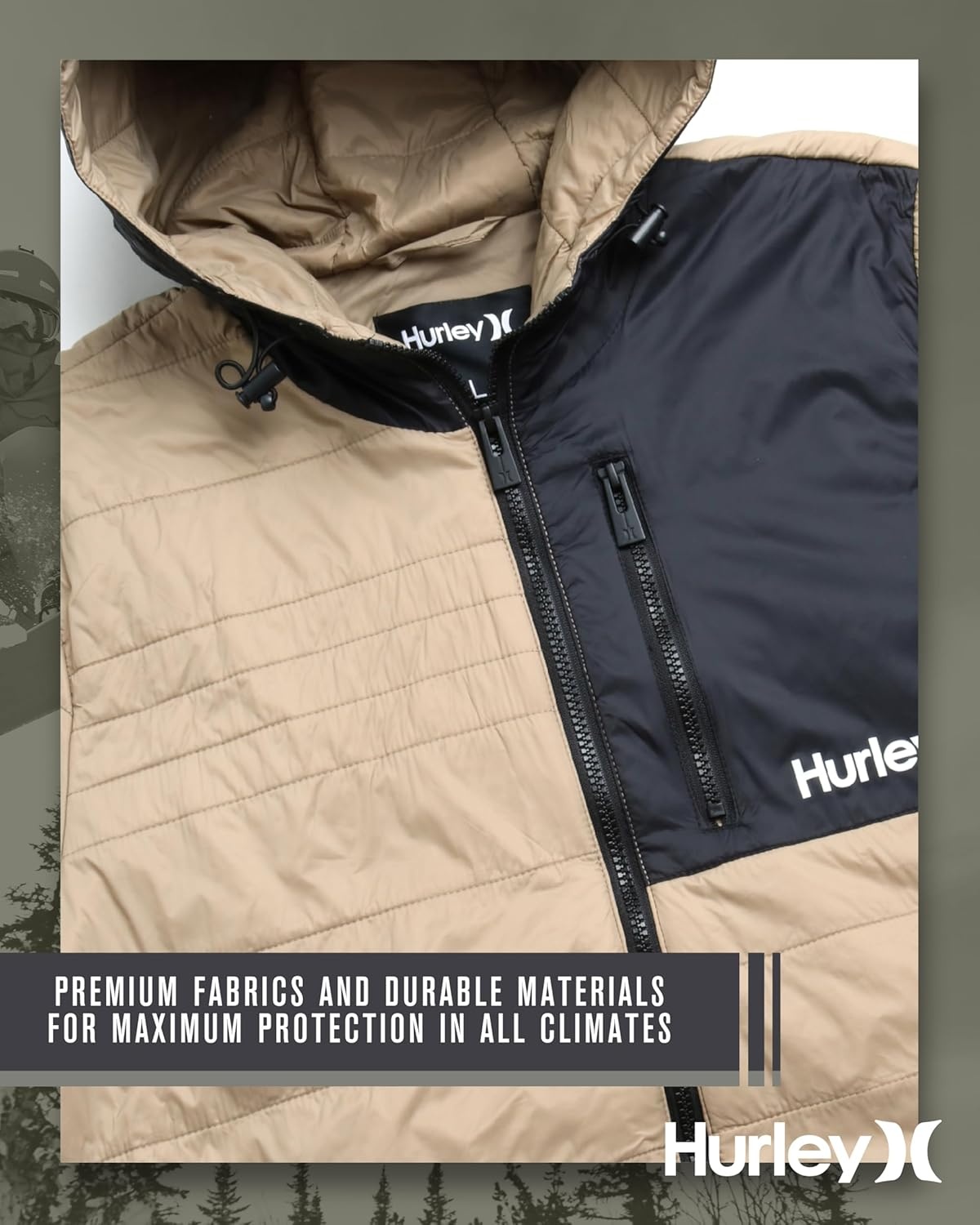 Hurley Mens Puffer Jacket – Lightweight Packable Insulated Winter Coat for Men – Weather Resistant Quilted Outdoor Jacket(Khaki/Black)