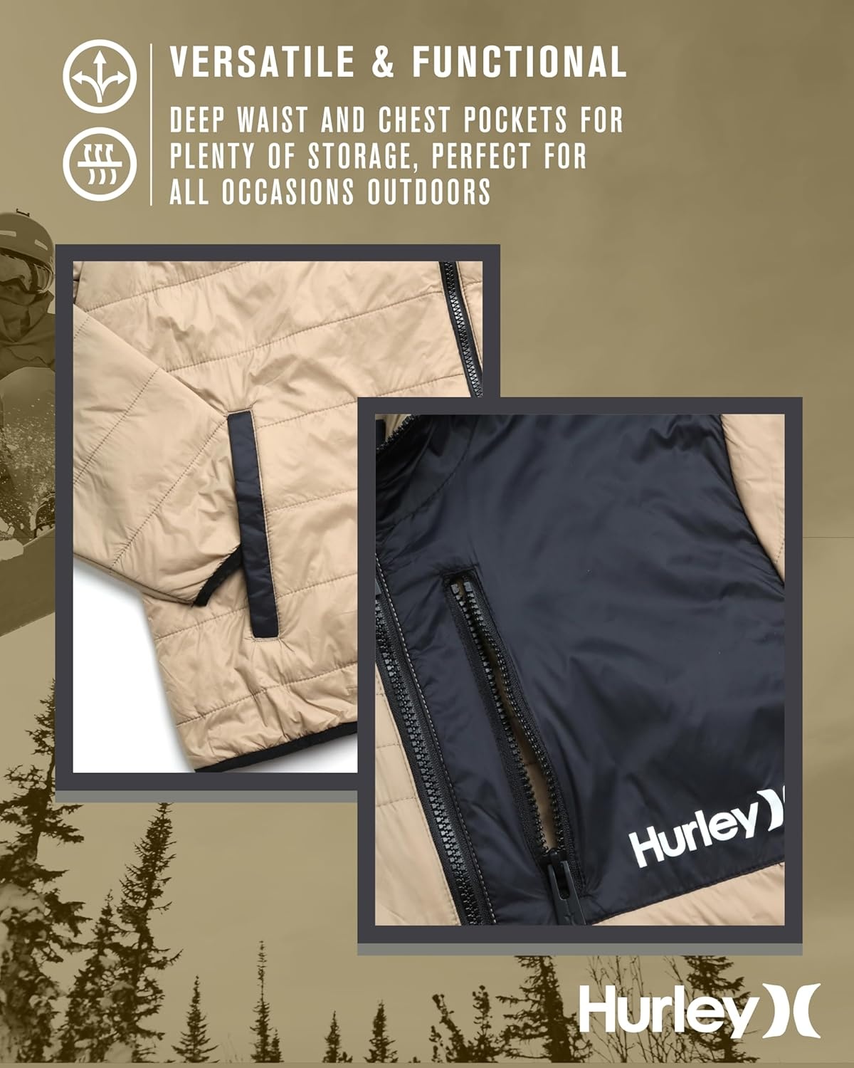 Hurley Mens Puffer Jacket – Lightweight Packable Insulated Winter Coat for Men – Weather Resistant Quilted Outdoor Jacket(Khaki/Black)